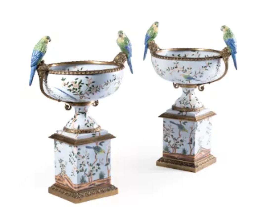 A PAIR OF PORCELAIN GILT METAL MOUNTED URNS ON STANDS, MODERN