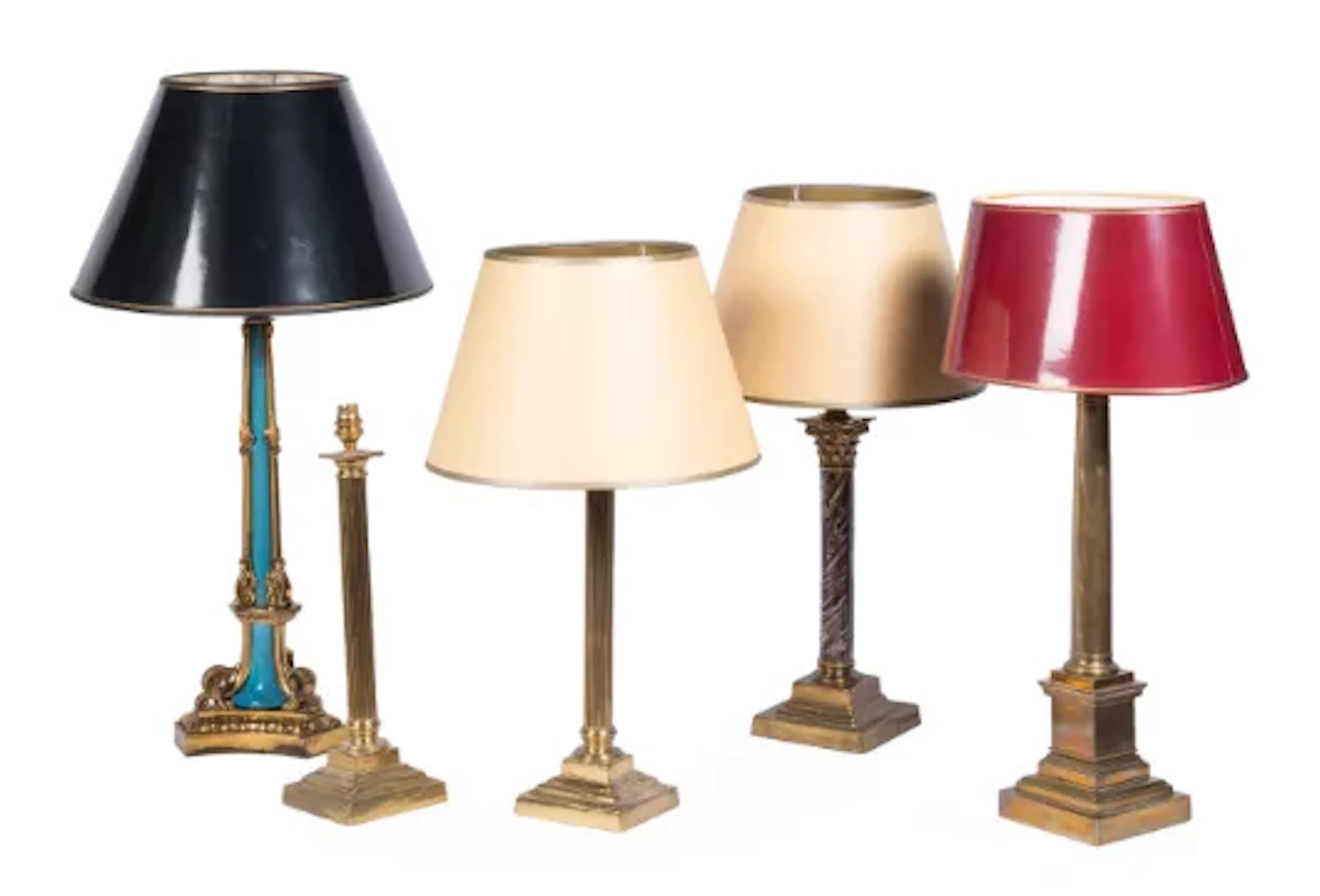 A COLLECTION OF GILT BRASS TABLE LAMPS, MOSTLY LAST QUARTER 19TH OR