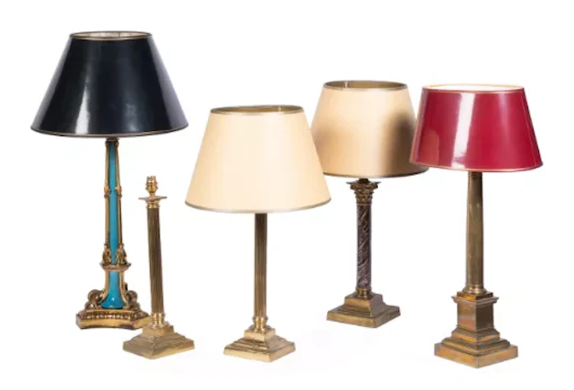A COLLECTION OF GILT BRASS TABLE LAMPS, MOSTLY LAST QUARTER 19TH OR