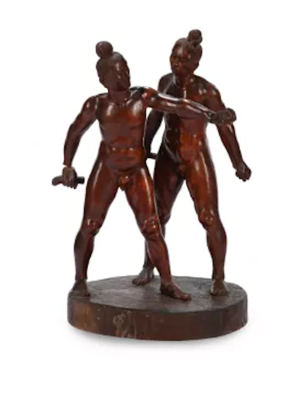A Large Burmese carved wood group of Wrestlers, Late 19th or early 20th century