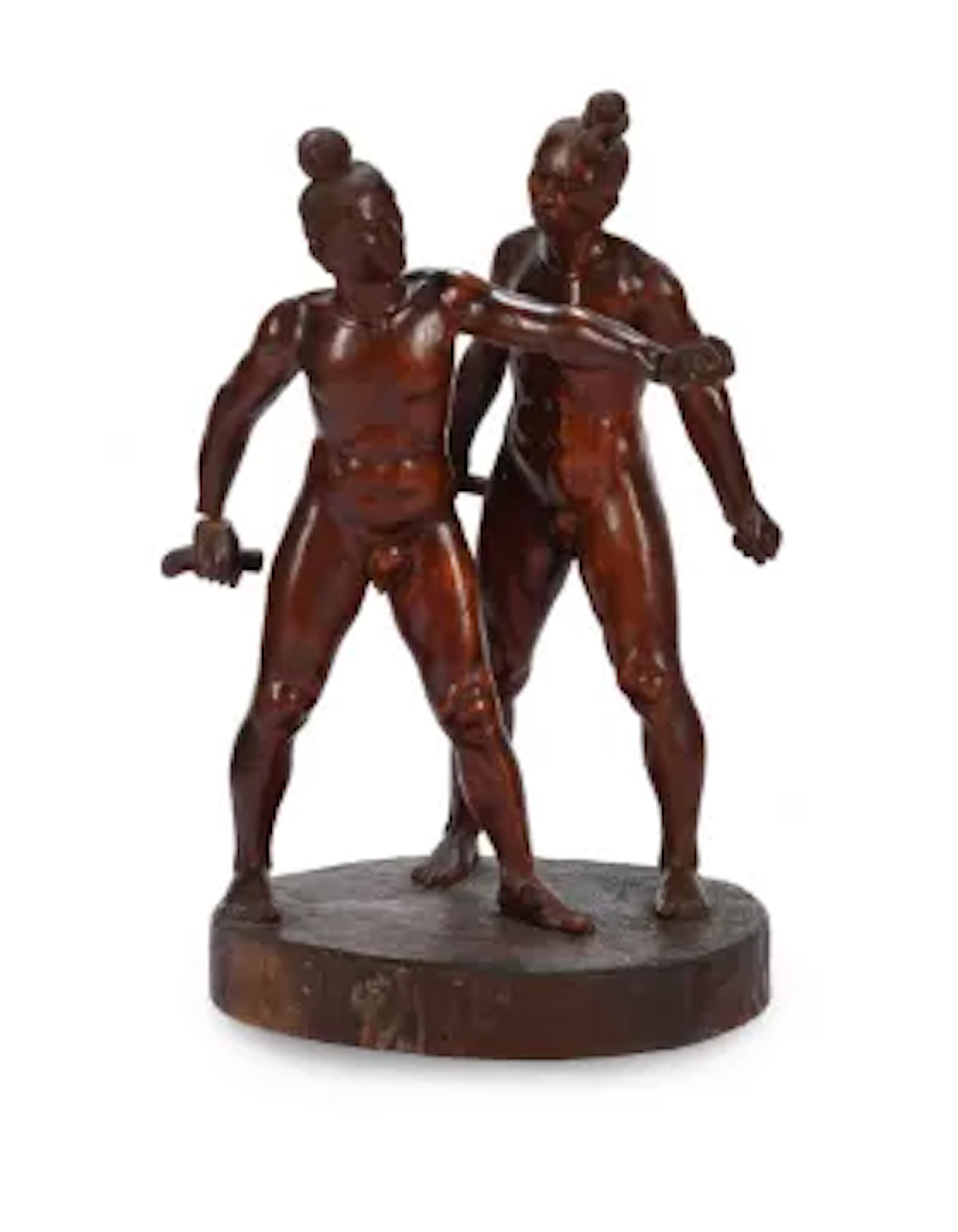 A Large Burmese carved wood group of Wrestlers, Late 19th or early 20th century