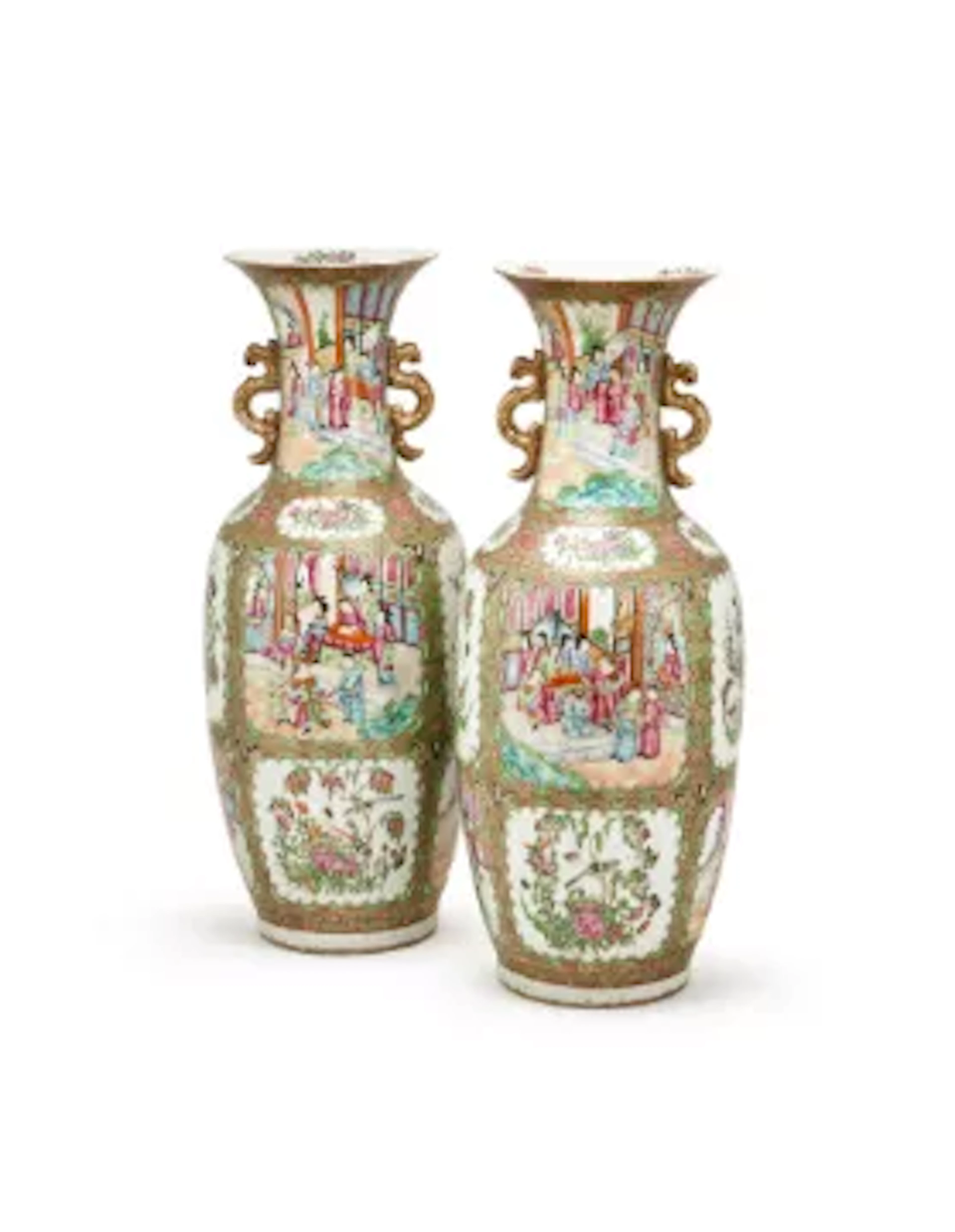 † A large pair Cantonese Famille Rose two-handled vases, 19th century