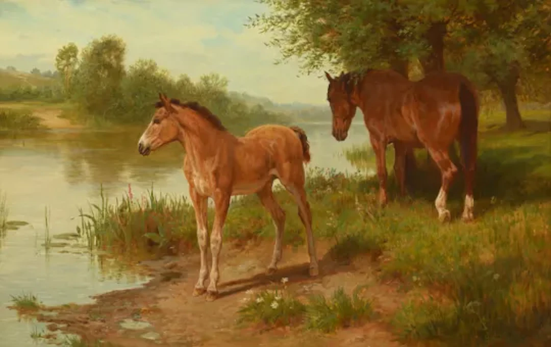 BASIL BRADLEY (BRITISH 1842-1904), MARE AND FOAL ON THE BANK OF THE THAMES