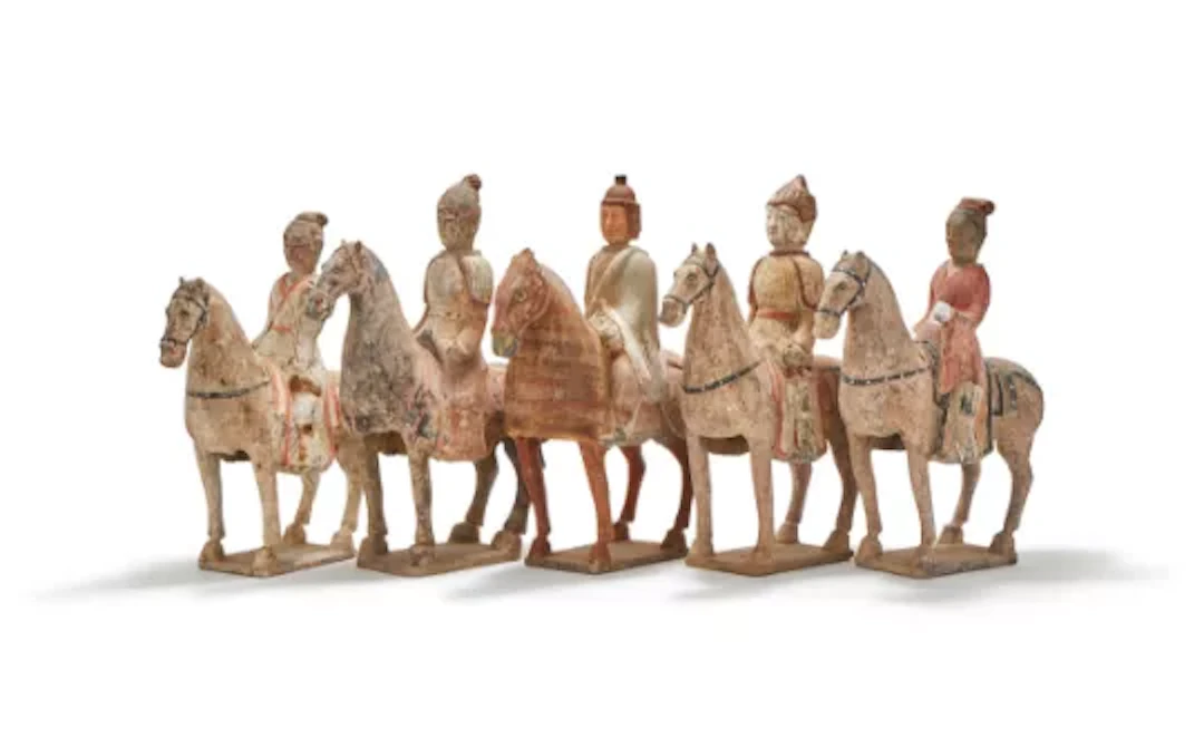 Five various Chinese pottery equestrian figures, possibly Han dynasty
