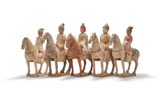 Five various Chinese pottery equestrian figures, possibly Han dynasty