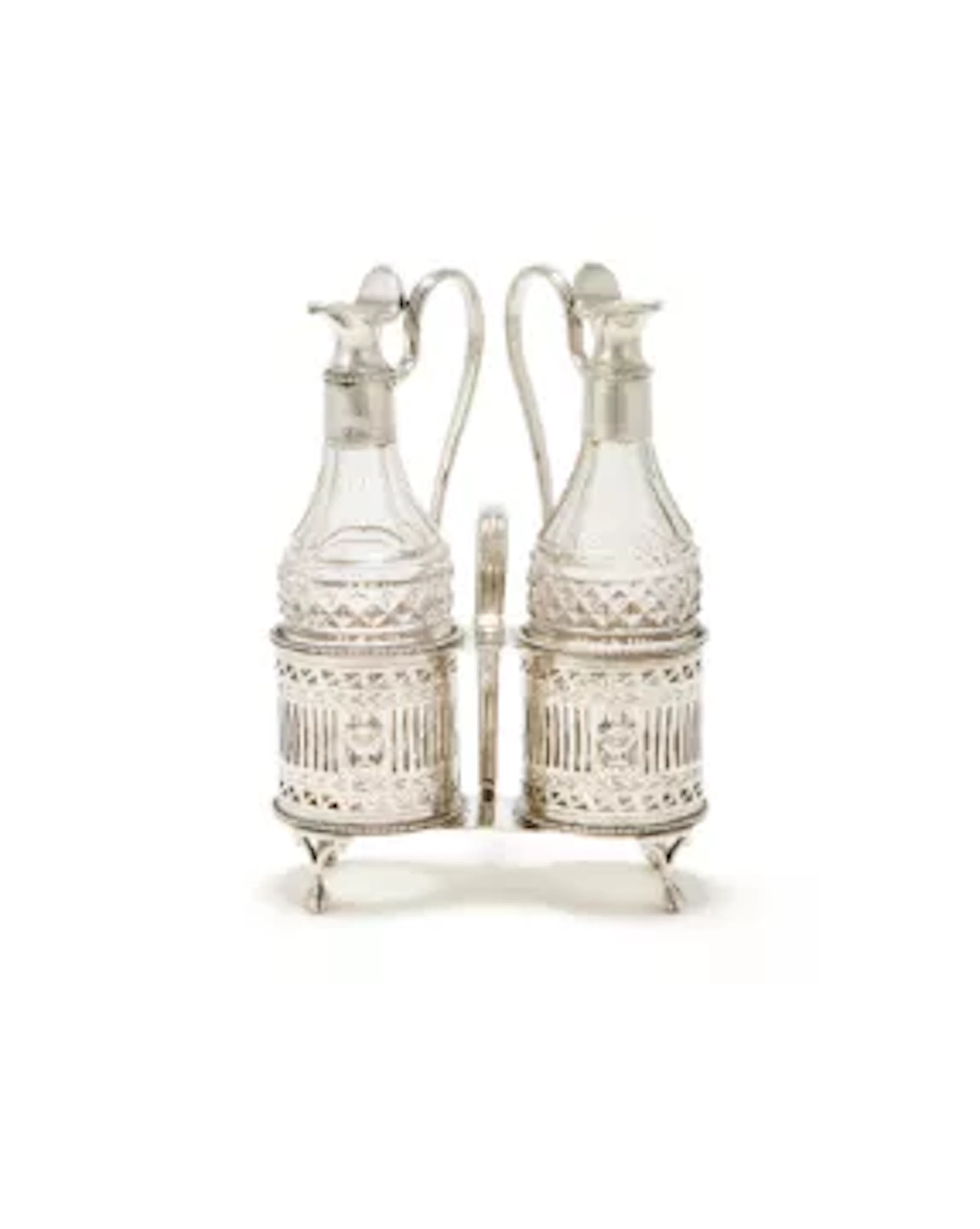 A GEORGE II SILVER OIL AND VINEGAR CRUET STAND, THOMAS DANIELL & JOHN