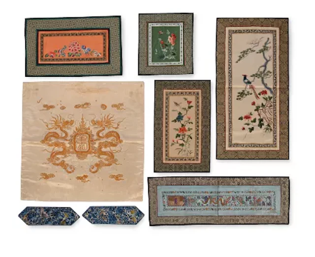 A group of eight Chinese silk embroideries, Qing dynasty