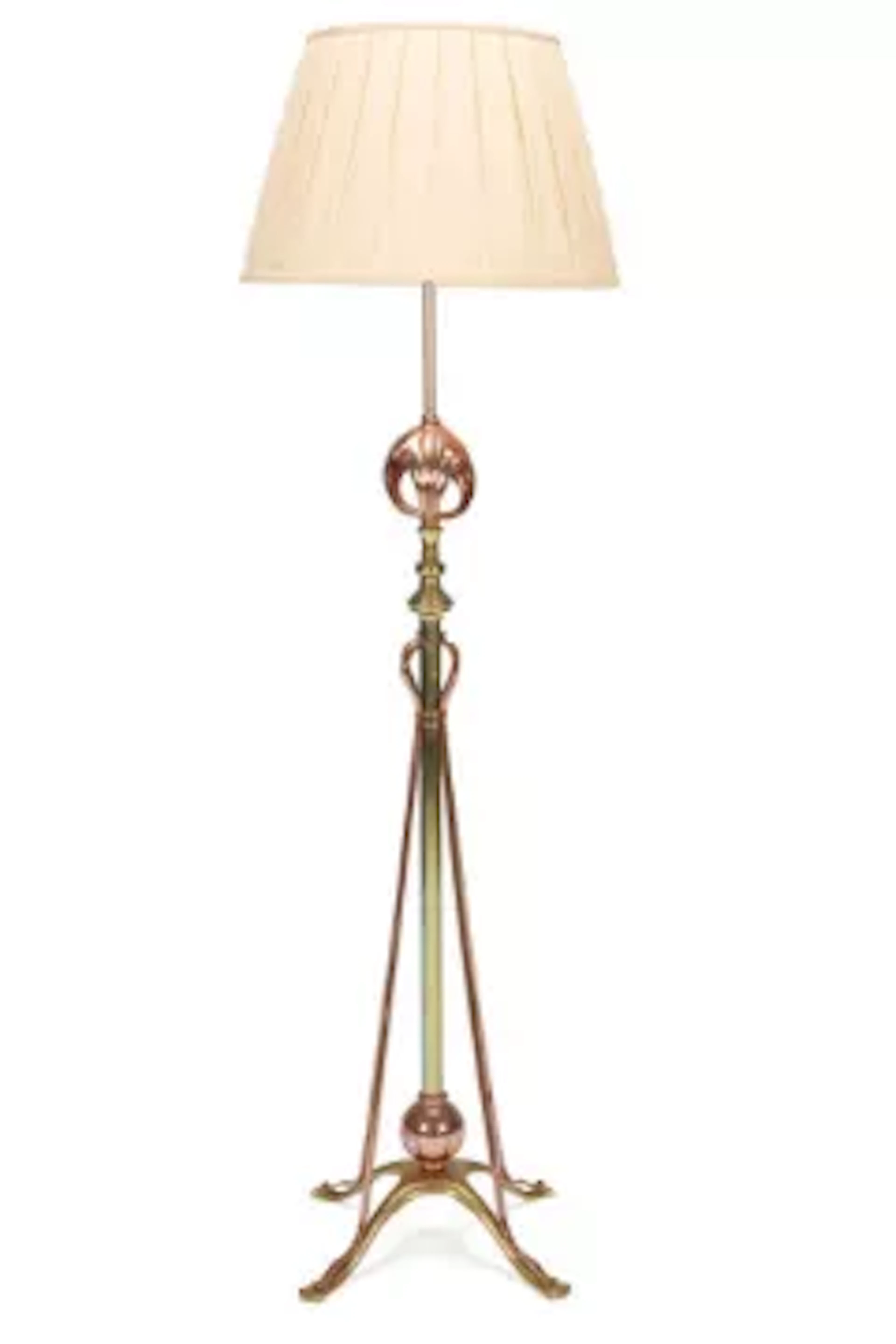 A MODEL 'NO. 407' COPPER AND BRASS STANDING LAMP WITH LEAVES BY W.A.S