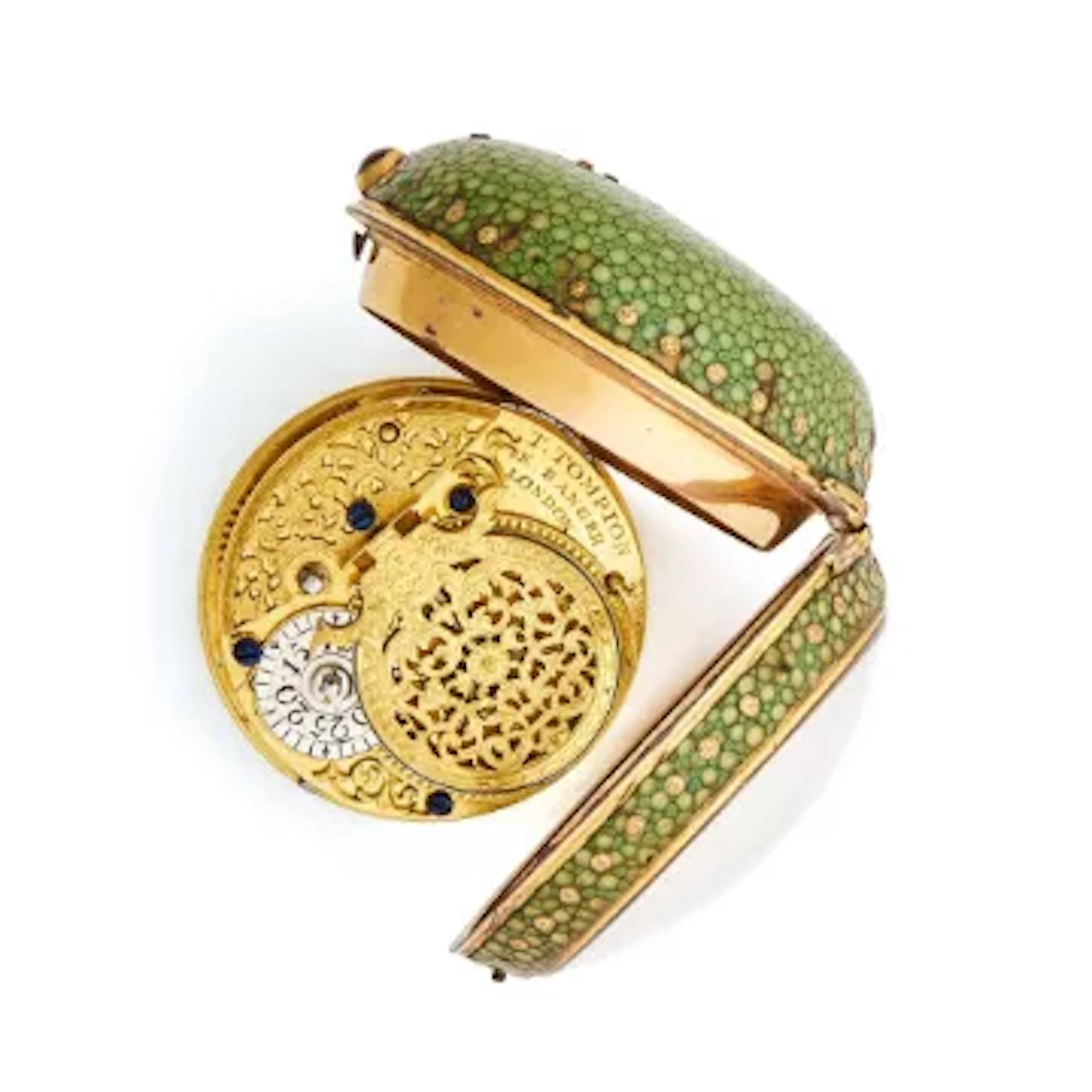 Y A FINE SHAGREEN COVERED GILT BRASS VERGE POCKET WATCH WITH CHAMPLEVE DIAL