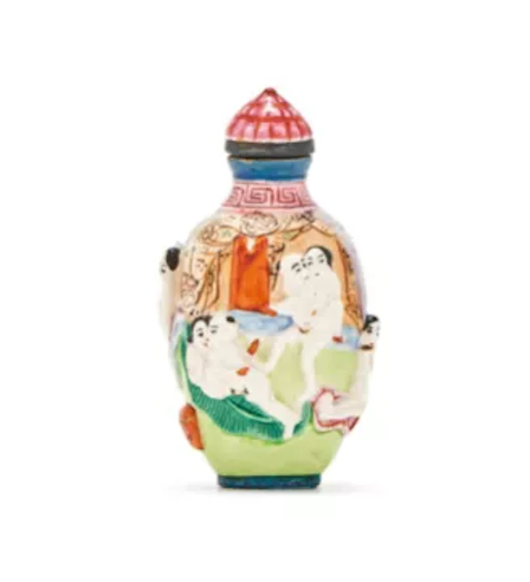 A Chinese famille rose porcelain moulded 'Erotic scene' snuff bottle