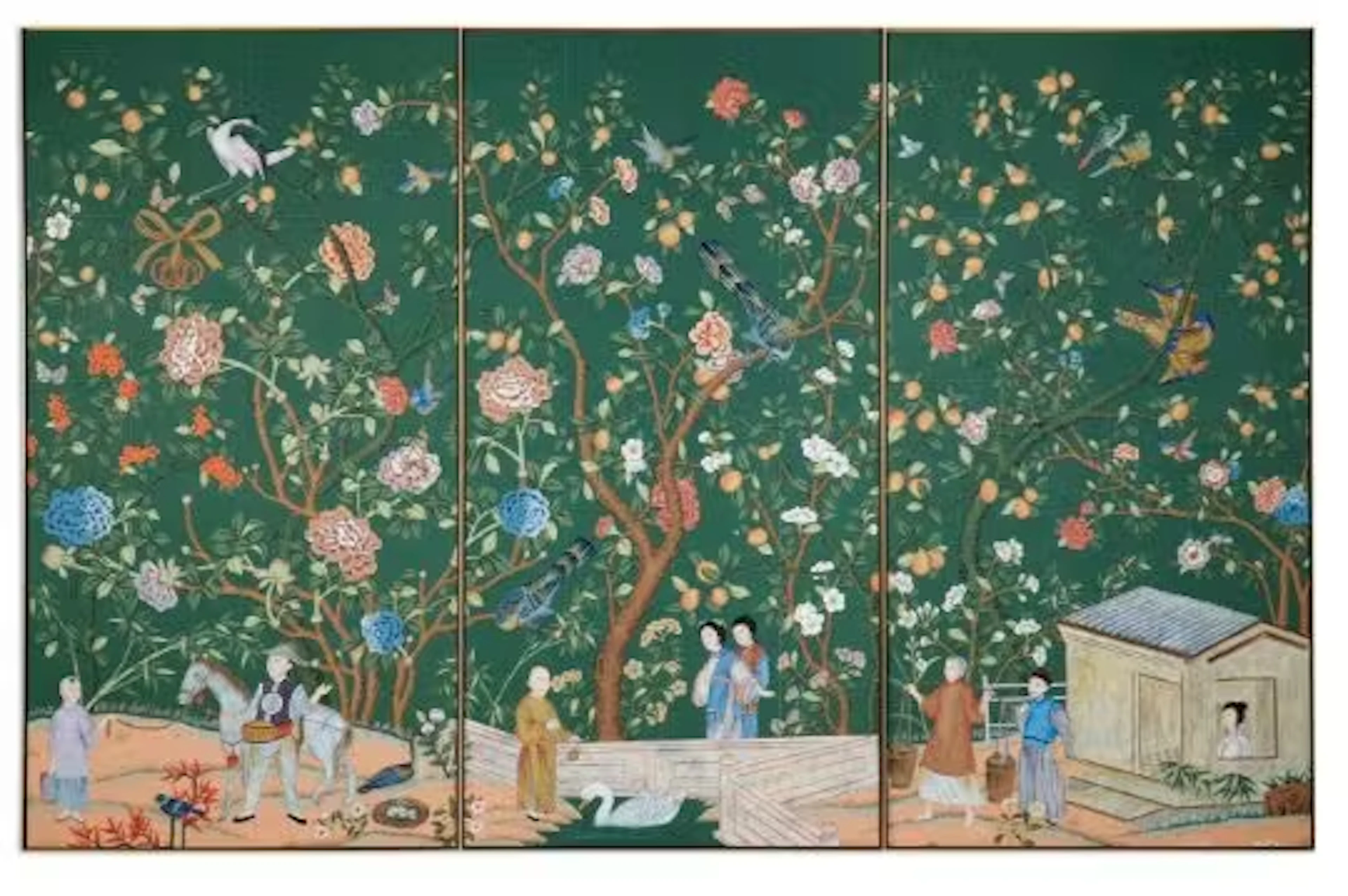 A SET OF THREE 'ABBOTSFORD' CHINOISERIE PATTERN PANELS HAND PAINTED