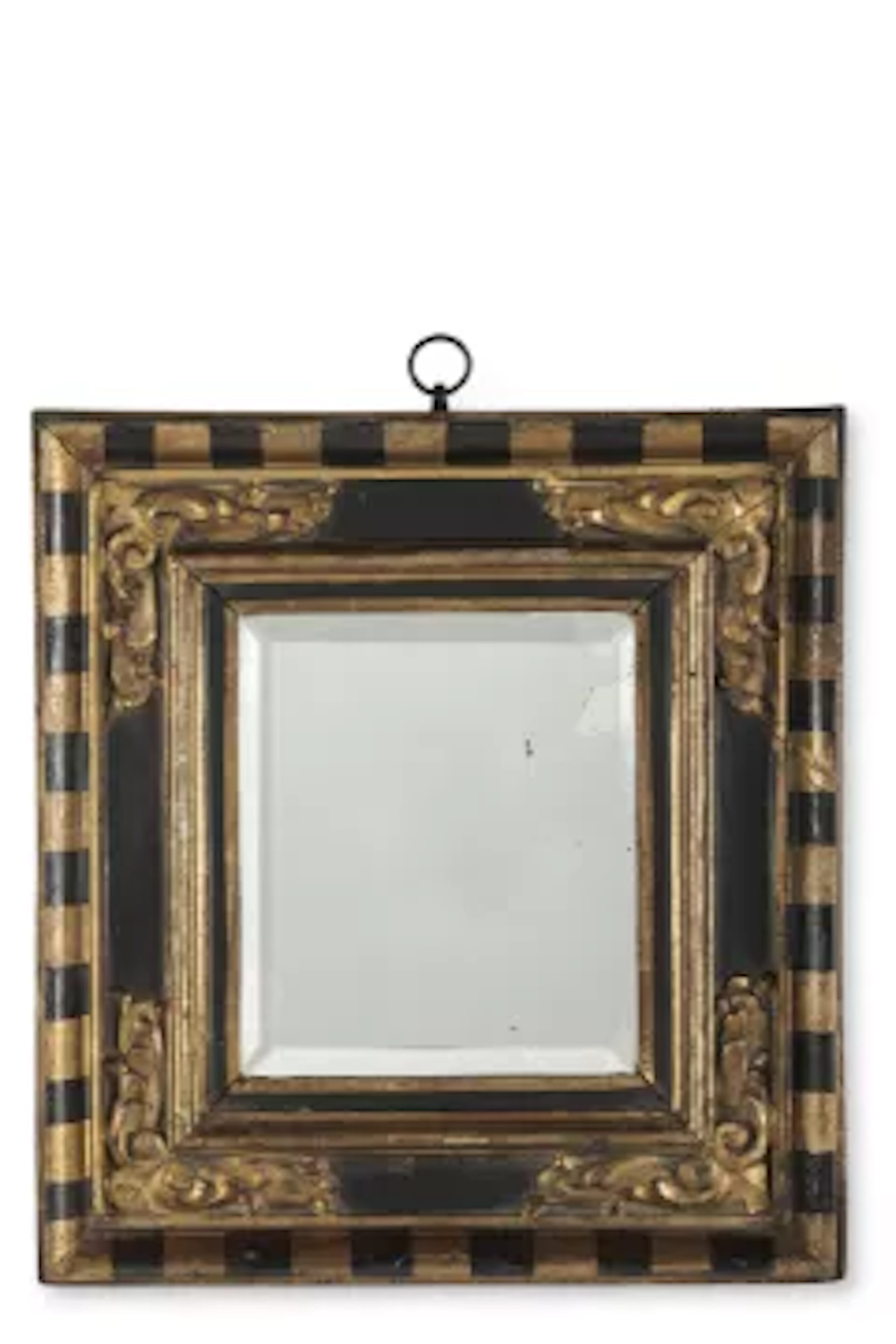 A SMALL BLACK PAINTED AND PARCEL GILT MIRROR, ITALIAN, 18TH CENTURY