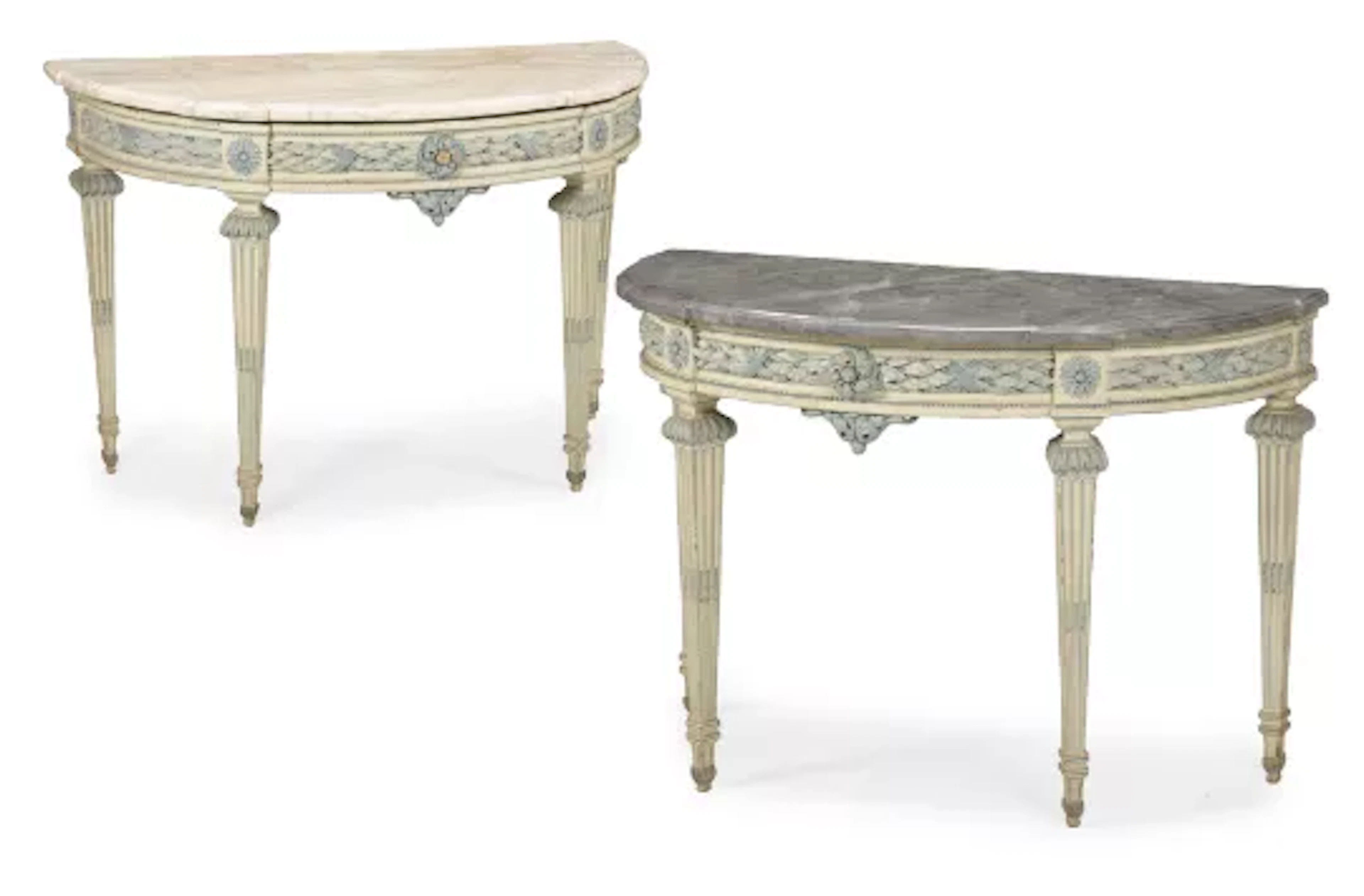 A PAIR OF CONTINENTAL CARVED AND PAINTED CONSOLE TABLES, PROBABLY