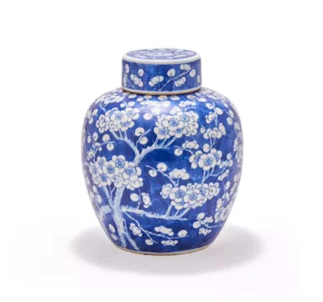 A Chinese blue and white 'prunus' ginger jar and cover, 19th century