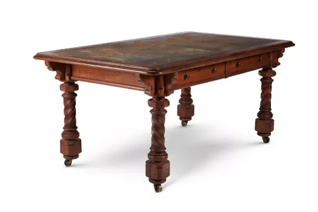 AN EARLY VICTORIAN WALNUT AND BURR WALNUT LIBRARY TABLE, BY CHARLES