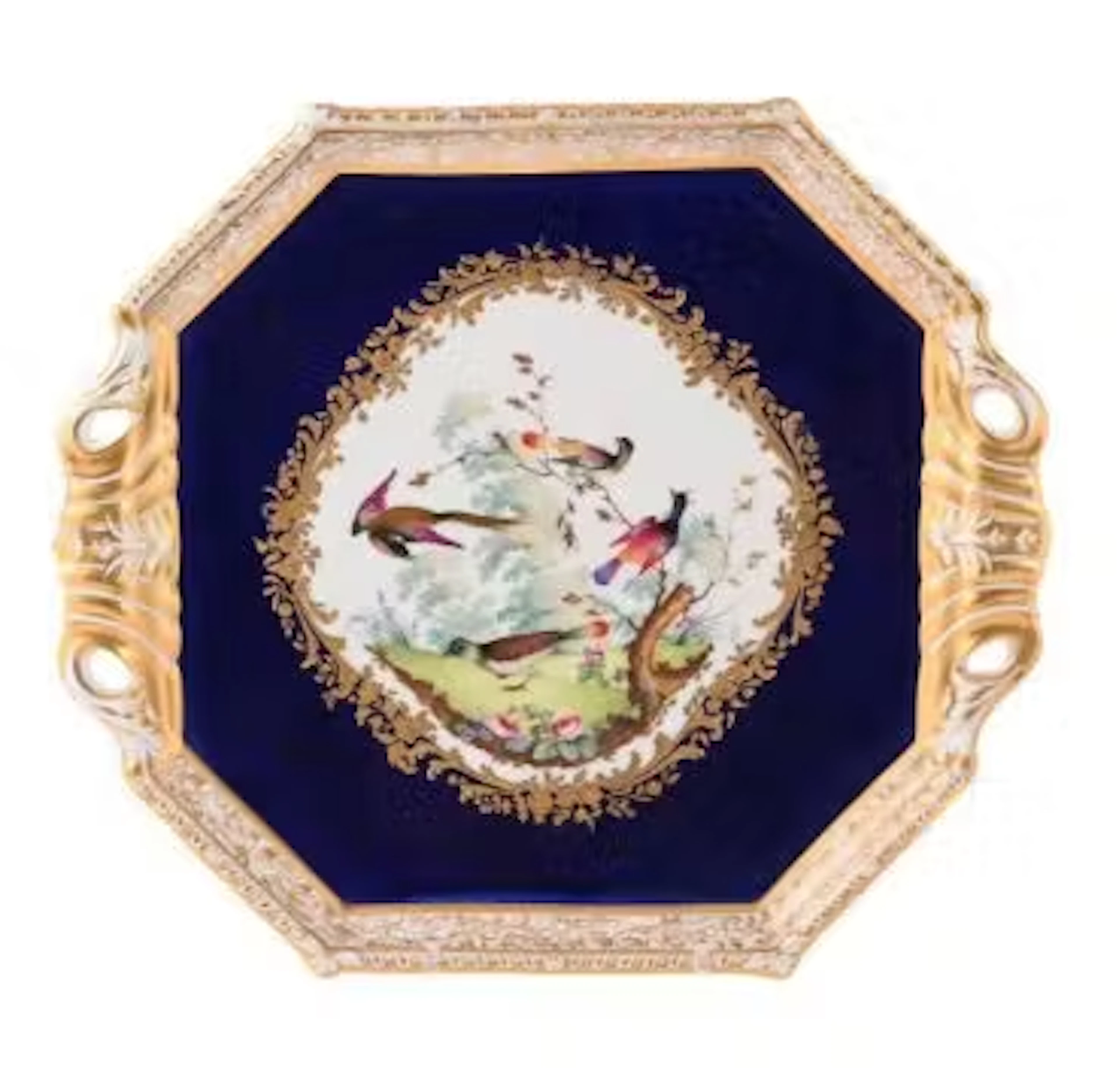 A FRENCH PORCELAIN SEVRES-STYLE BLUE-GROUND AND GILT OCTAGONAL TRAY