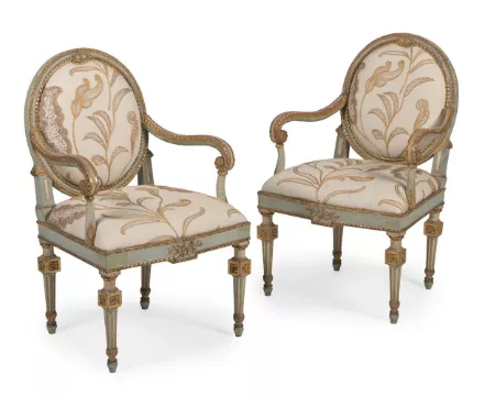 A PAIR OF GILTWOOD AND GREEN PAINTED ARMCHAIRS, CONTINENTAL, 18TH CENTURY