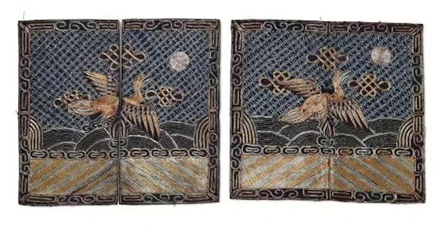 † A pair of Chinese silver and gold wire rank badges of a 4th rank