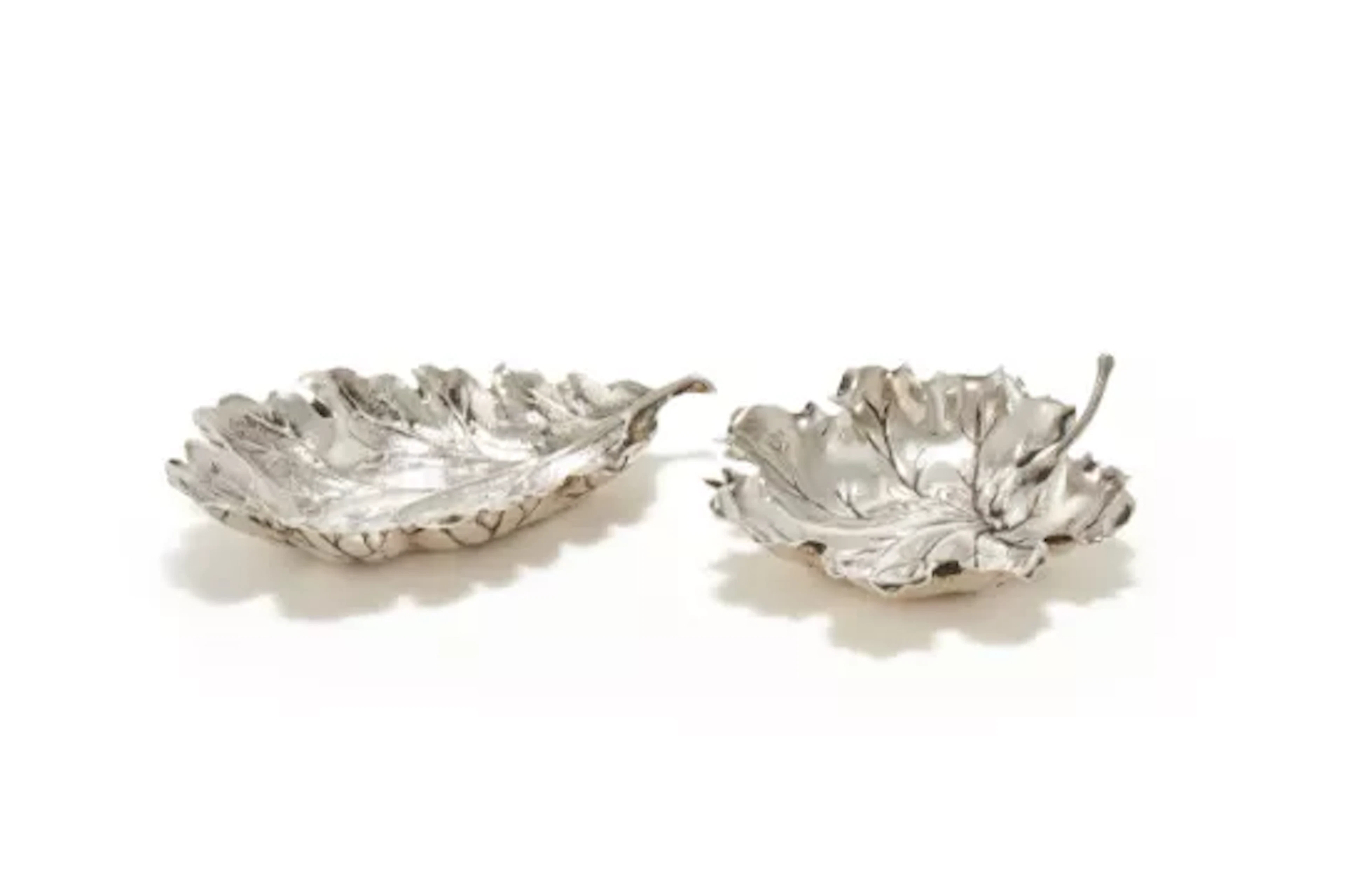 BUCCELLATI, TWO ITALIAN SILVER LEAF SHAPED DISHES, POST 1968 .925 STANDARD