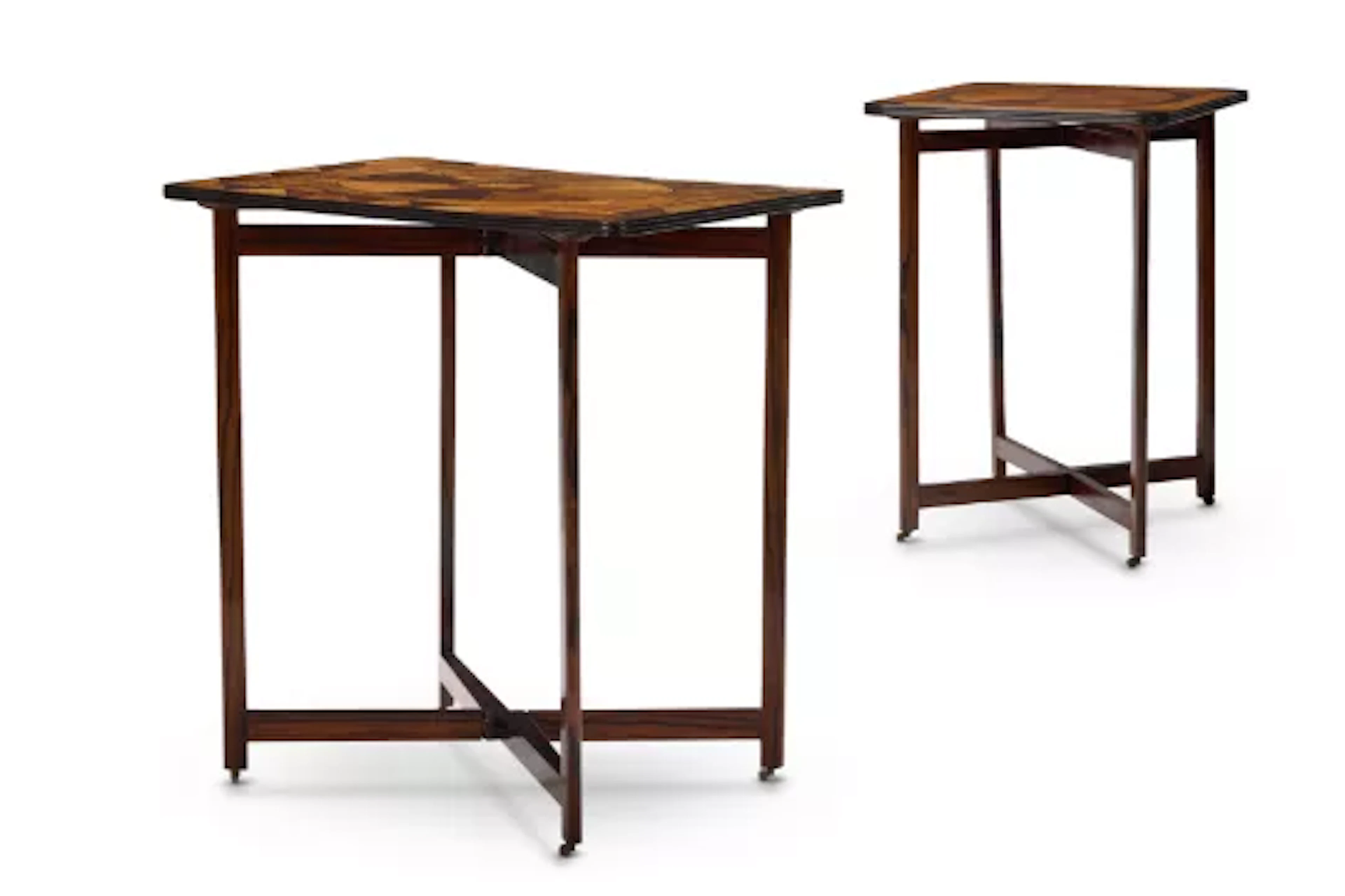 Y A MATCHED PAIR OF SINHALESE EBONY-BOUND SPECIMEN PARQUETRY TRAYS