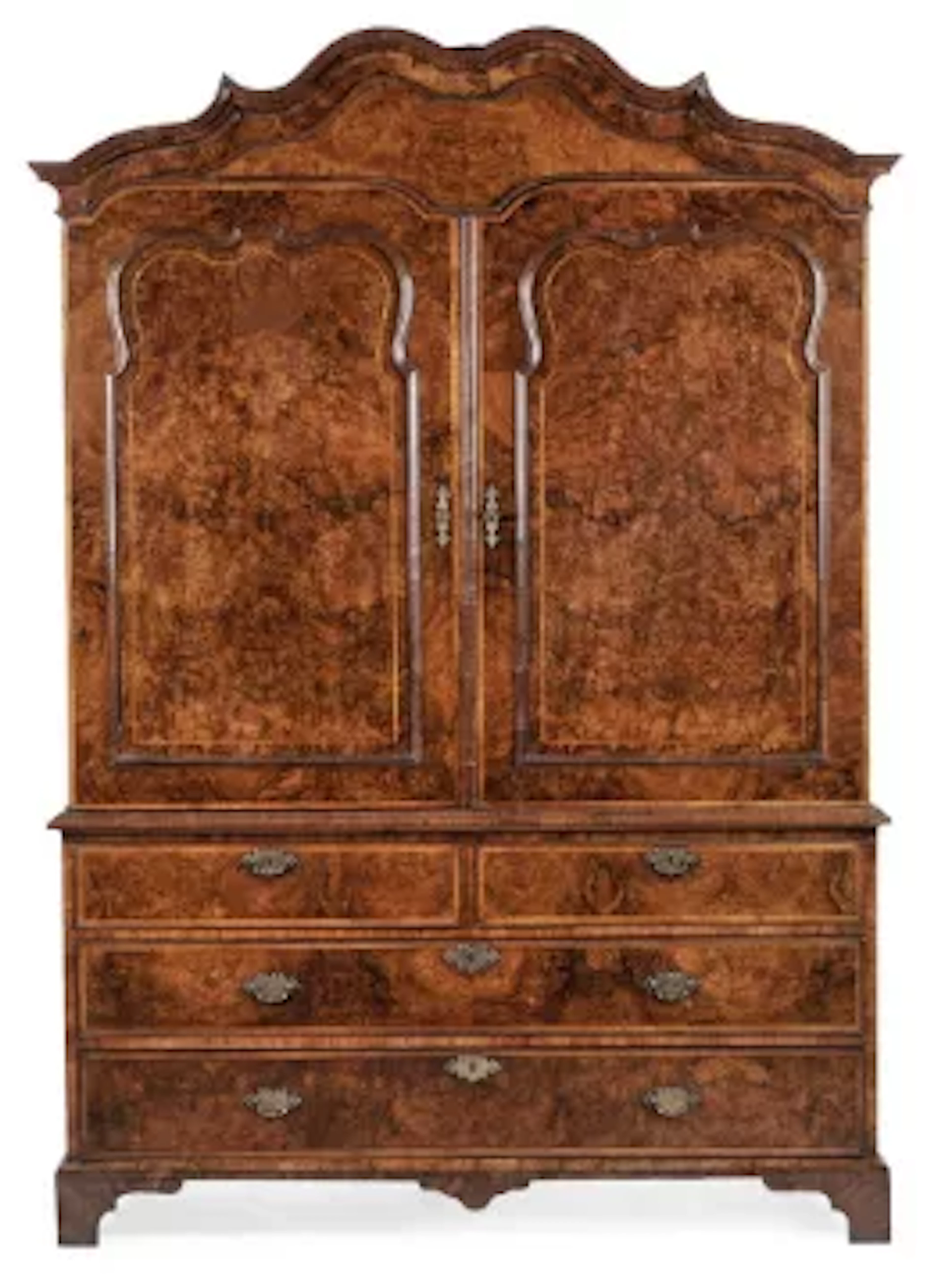 A FINE GEORGE II BURR WALNUT PRESS CUPBOARD OR WARDROBE, CIRCA 1740