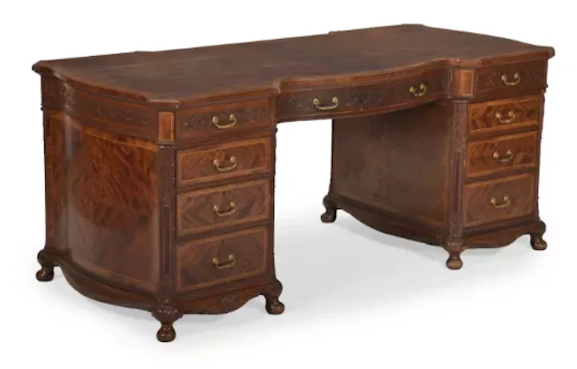 A VICTORIAN MAHOGANY AND INLAID DESK, IN GEORGE III CHIPPENDALE STYLE