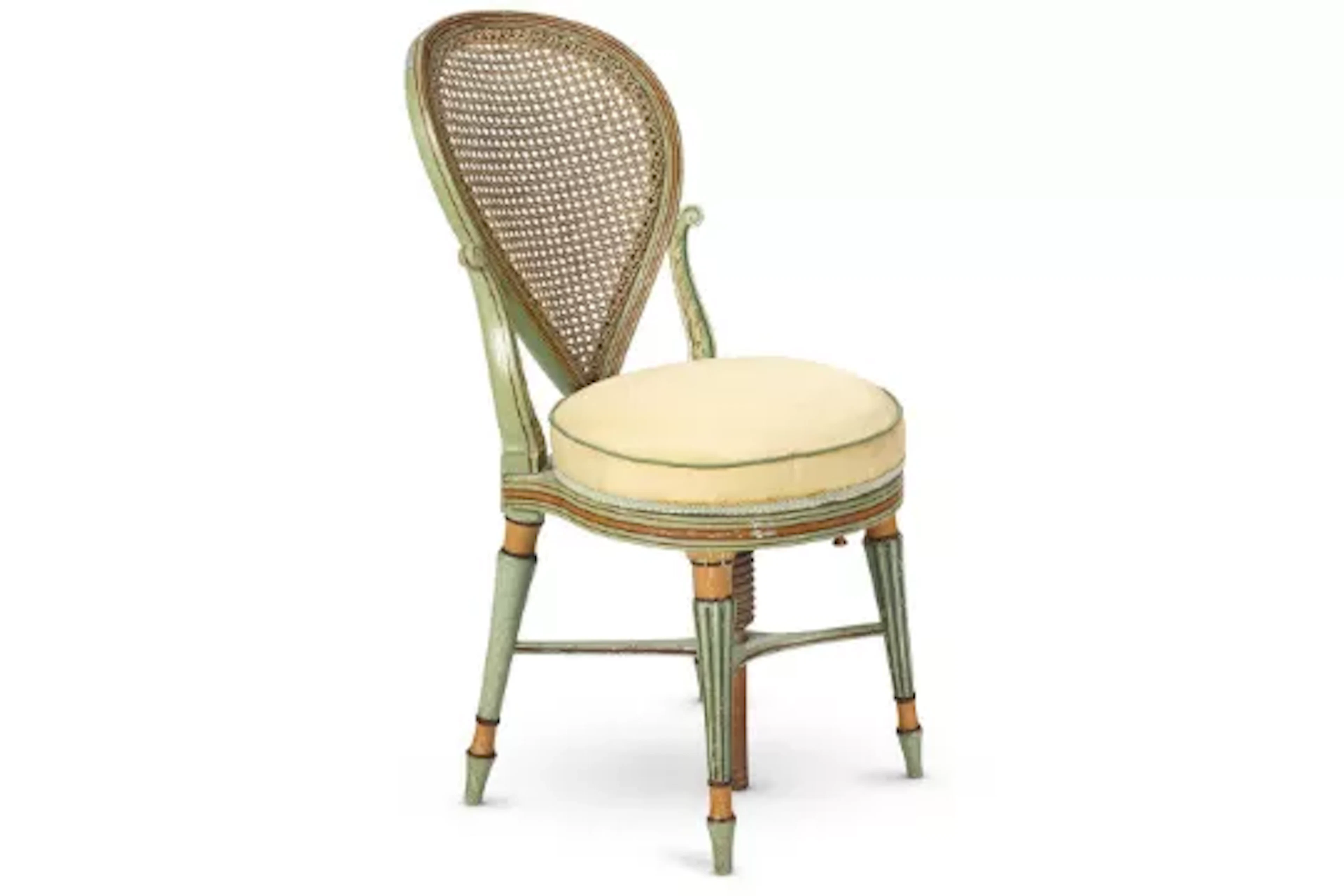 A GEORGE III PALE BLUE AND POLYCHROME PAINTED AND CANED MUSIC STOOL, CIRCA 1800