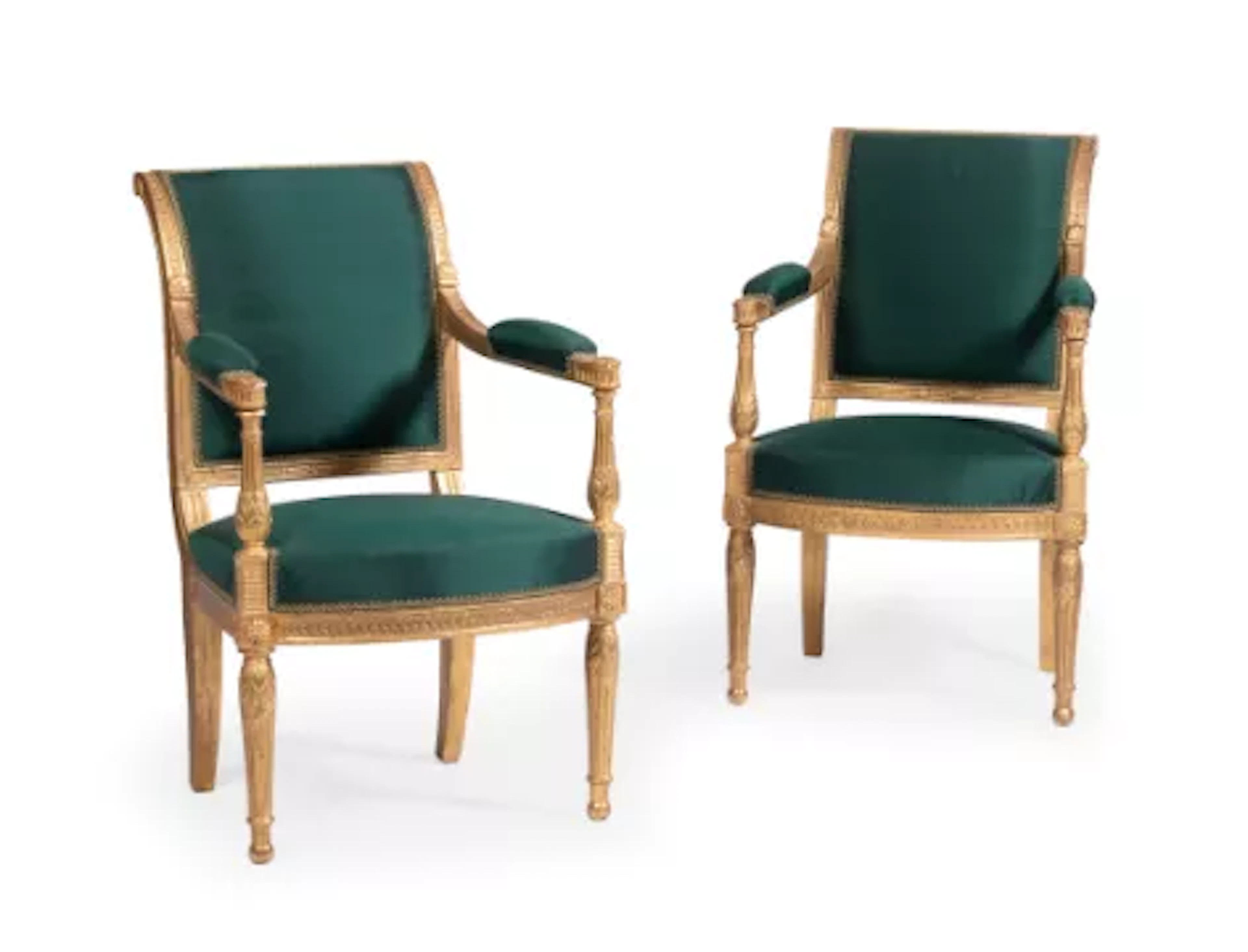 A PAIR OF GILTWOOD AND UPHOLSTERED FAUTEUILS, IN LOUIS XVI STYLE