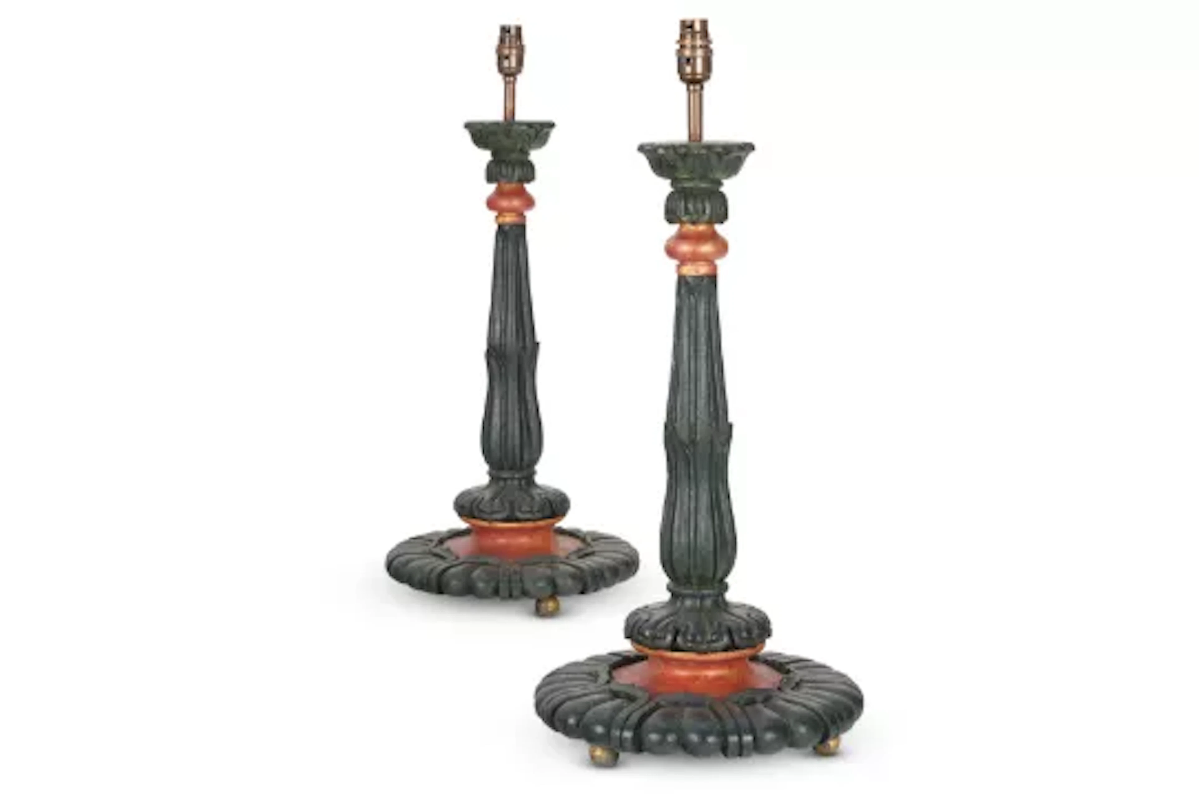 A PAIR OF PHYTOMORPHIC PAINTED WOOD LAMP BASES, MODERN, BY ANDREW