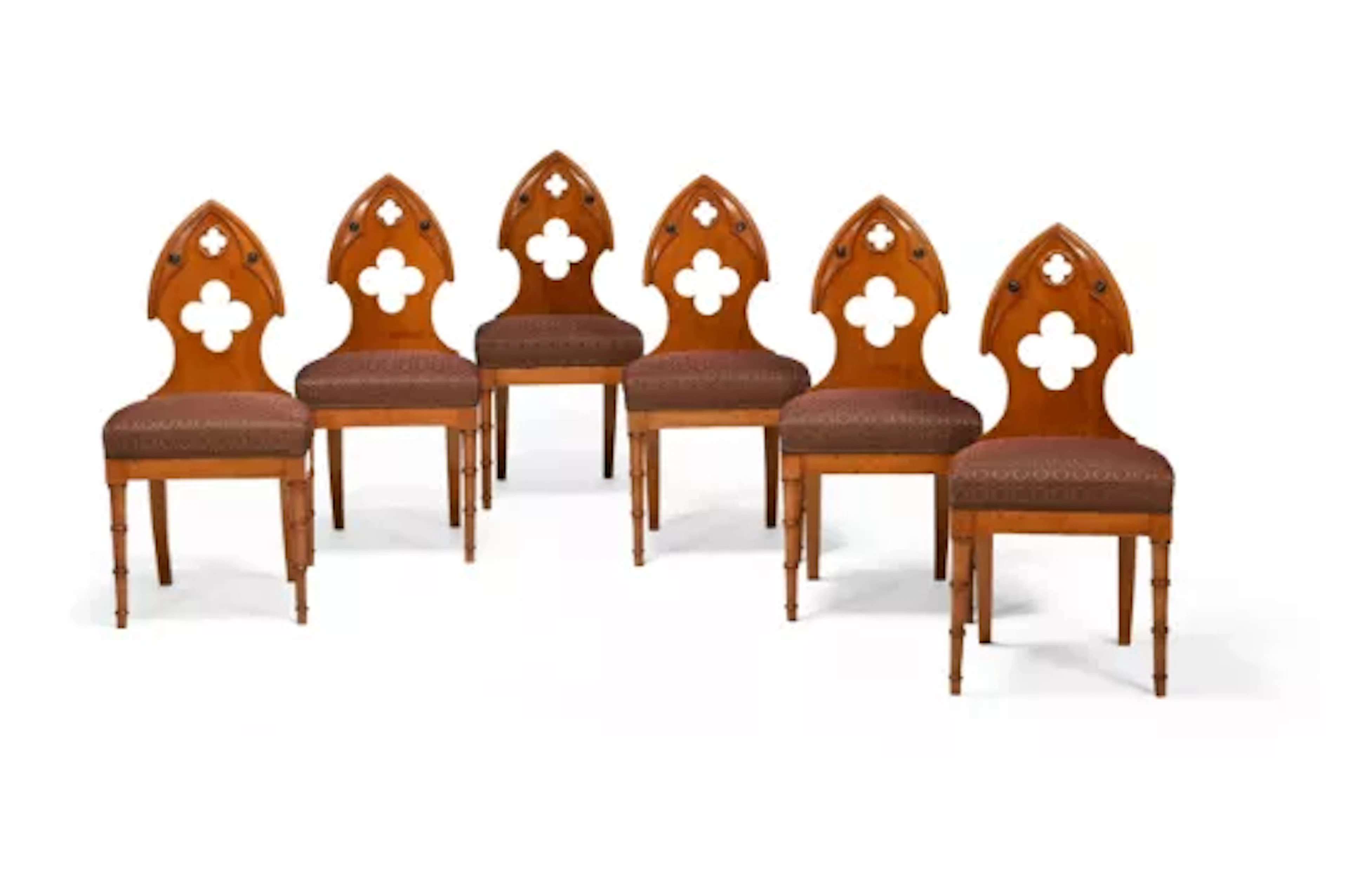 A SET OF SIX SATIN BIRCH GOTHIC HALL CHAIRS, EARLY 19TH CENTURY
