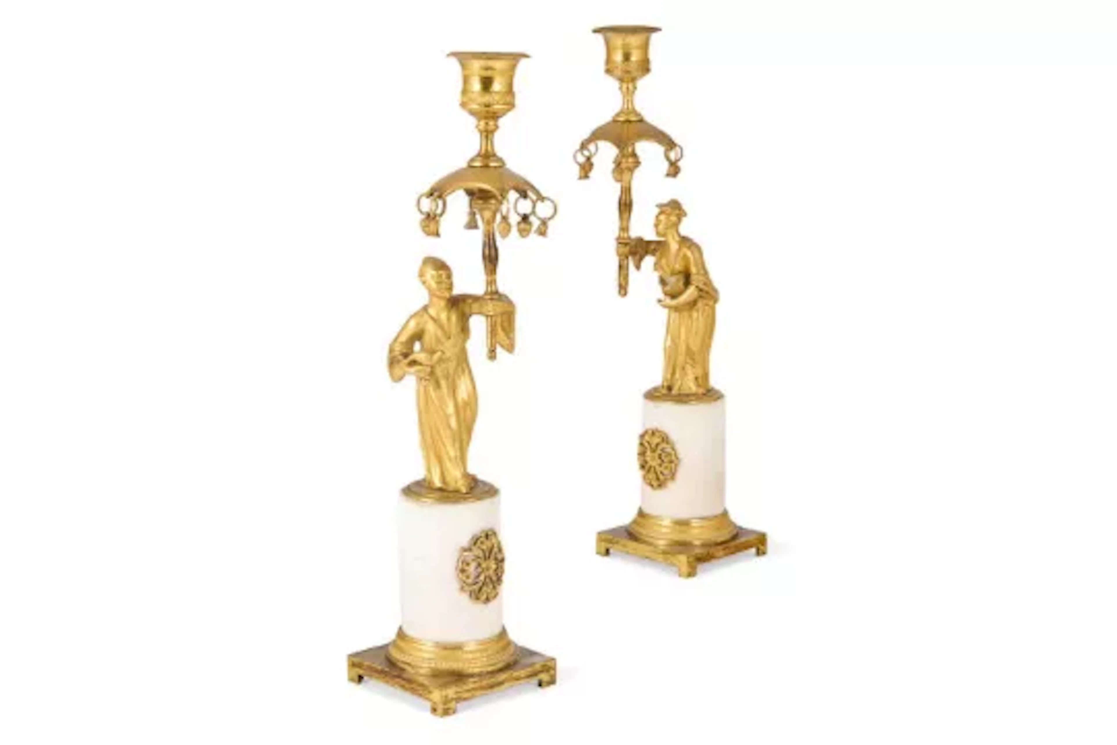 A PAIR OF FRENCH DIRECTOIRE ORMOLU AND WHITE MARBLE CHINOISERIE CANDLESTICKS