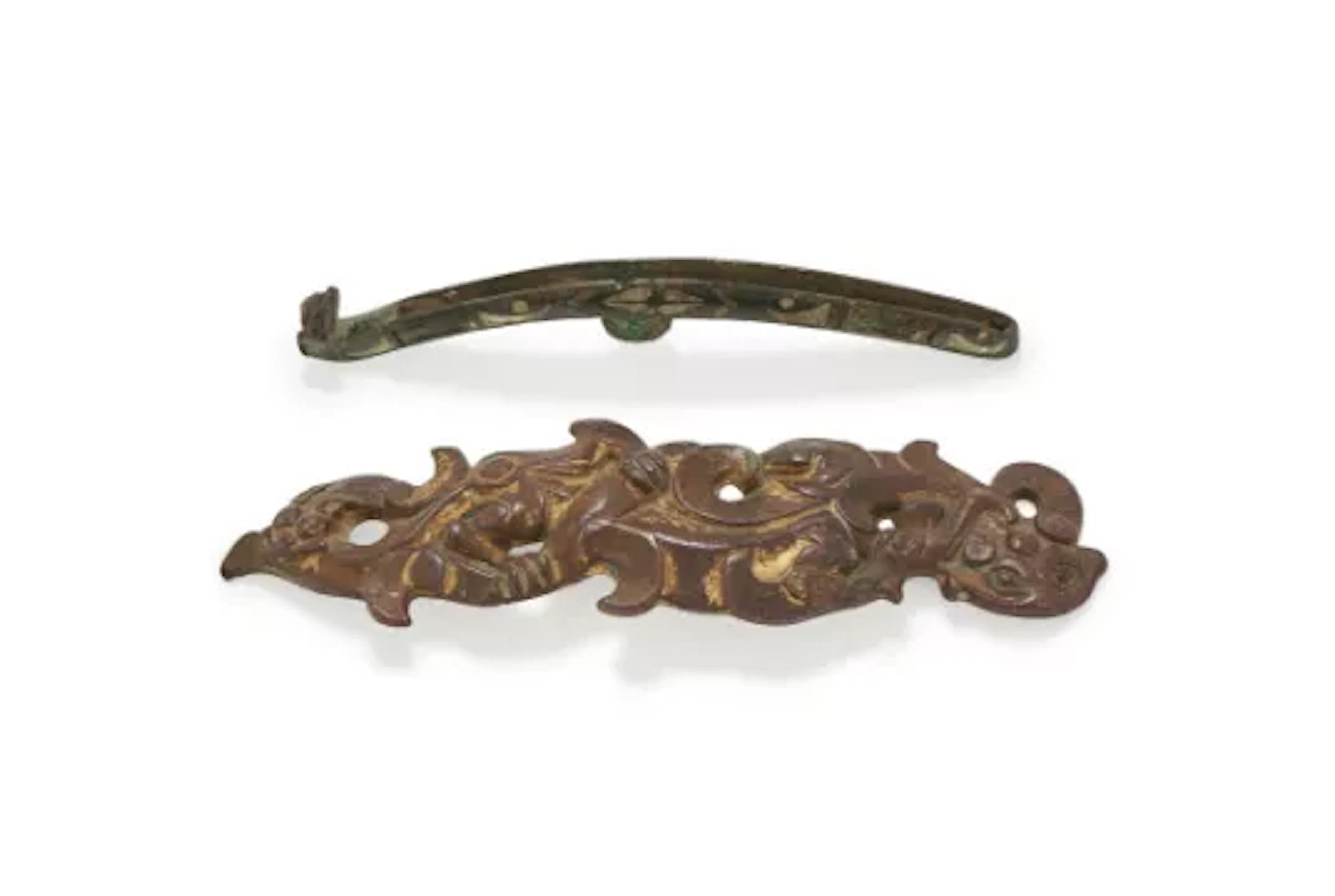 Two Chinese bronze belt hooks, Warring states or Han Dynasty