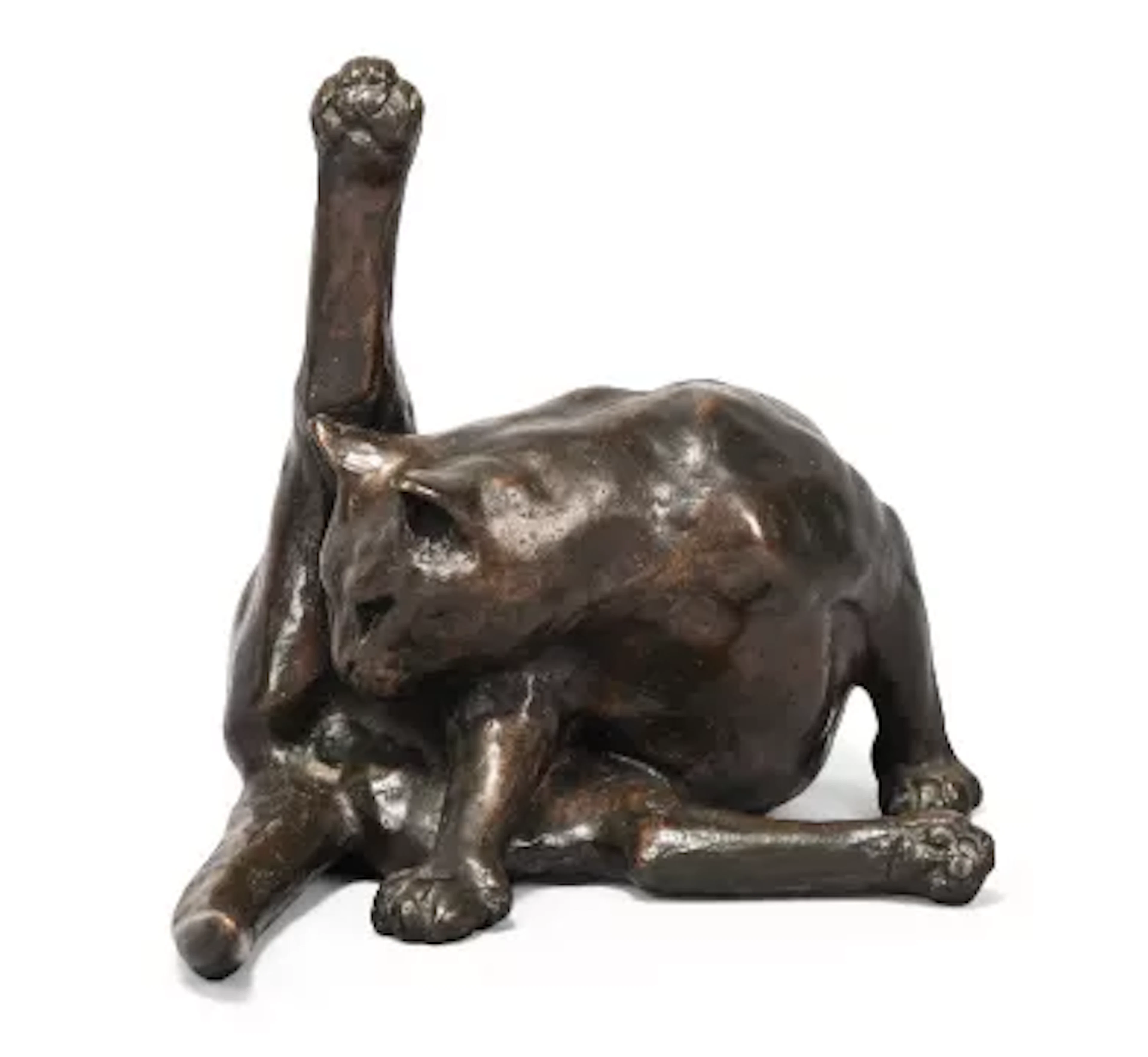 HB? A PATINATED BRONZE FIGURE OF A GROOMING RECUMBENT CAT, 20TH CENTURY