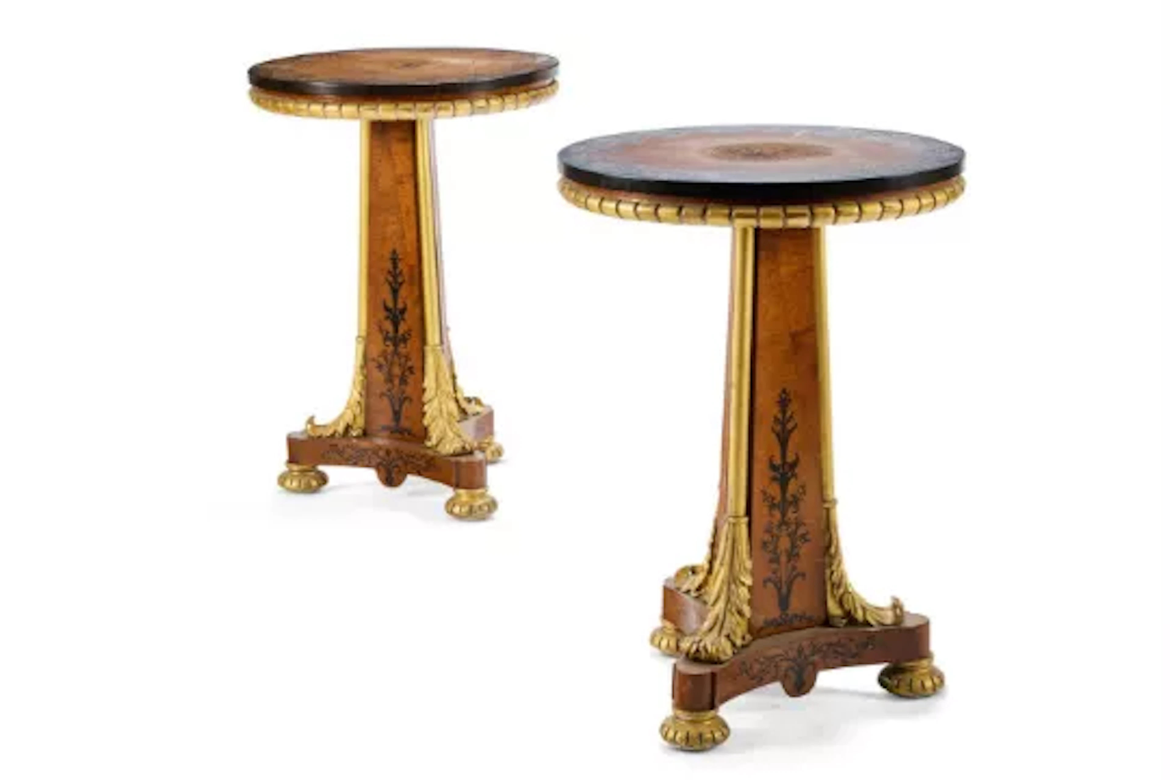 A PAIR OF WILLIAM IV AMBOYNA, EBONY, FLORAL MARQUETRY AND PARCEL GILT