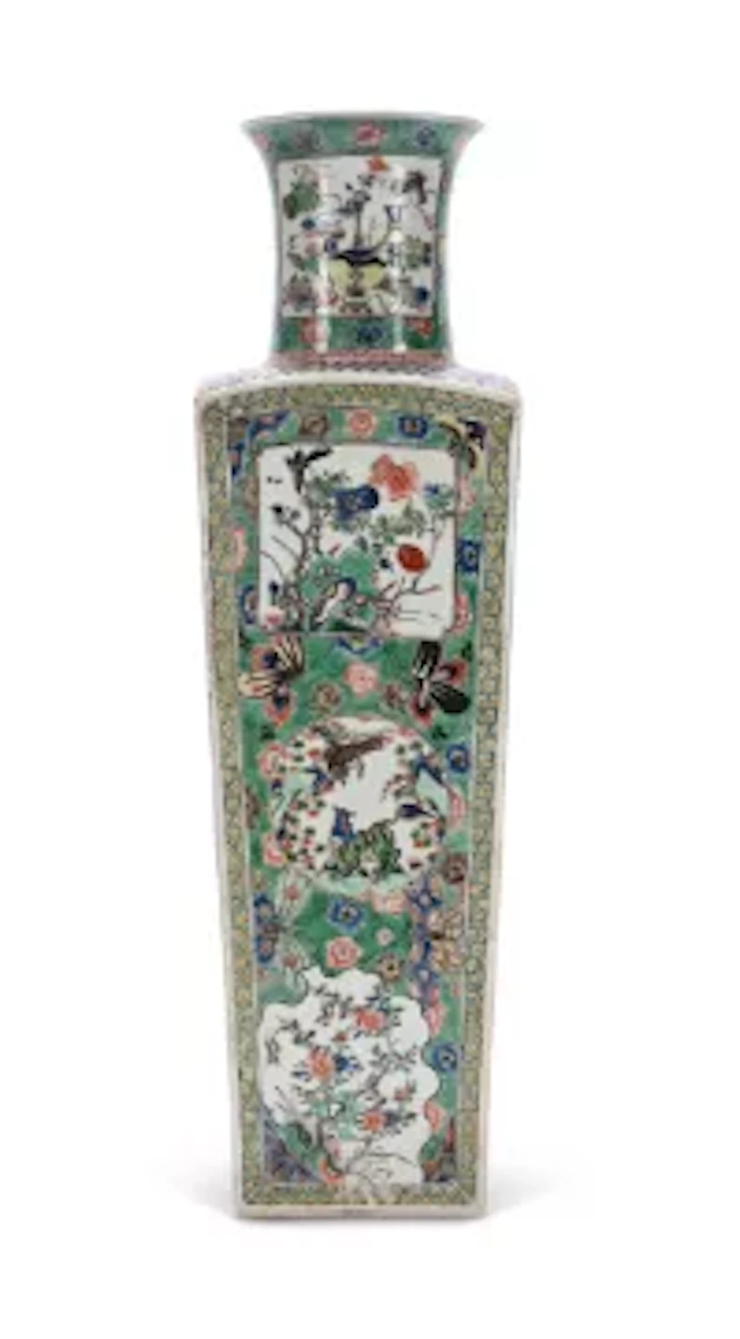 A Chinese Famille verte square-section tapering vase, Kangxi (1662-1722)