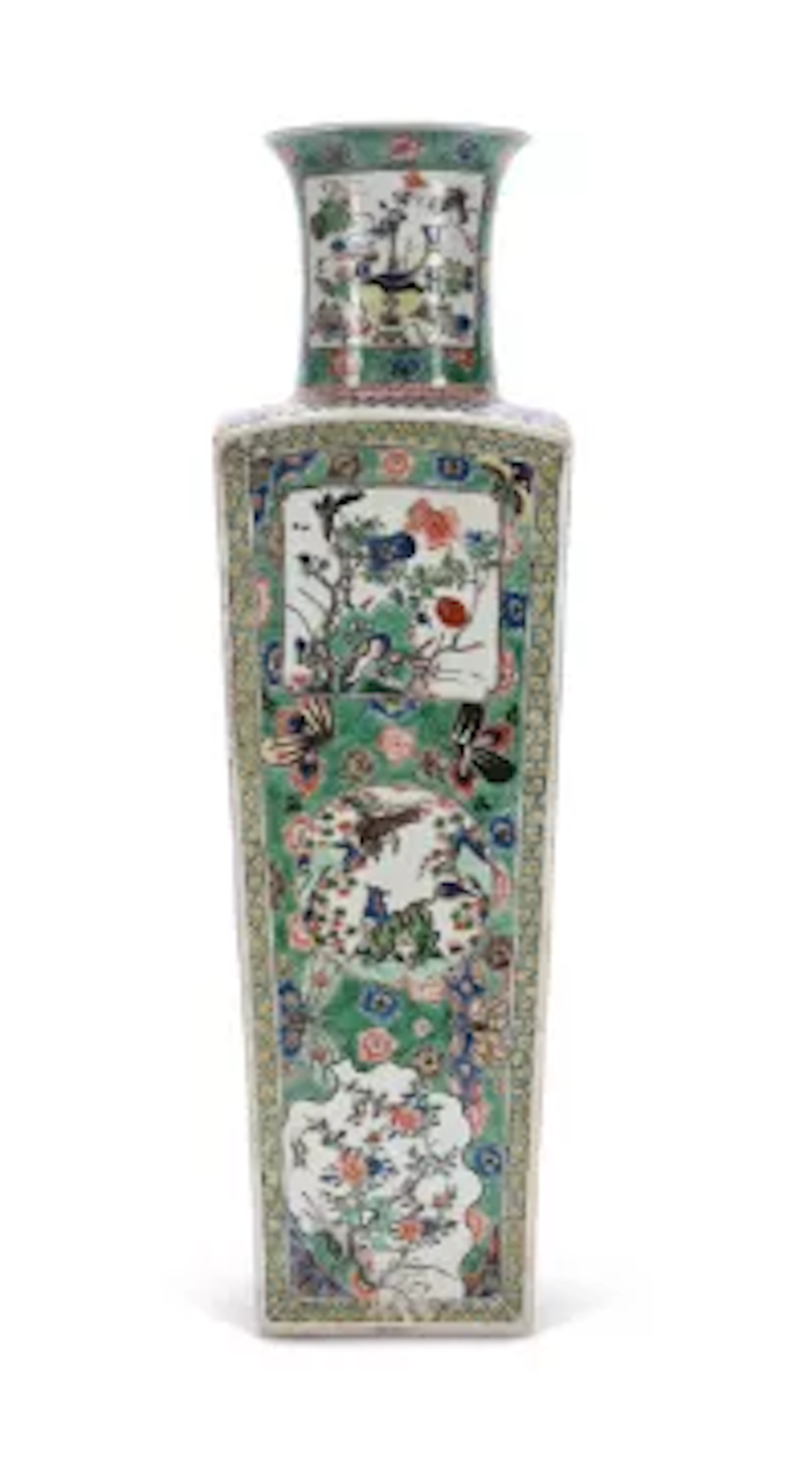 A Chinese Famille verte square-section tapering vase, Kangxi (1662-1722)