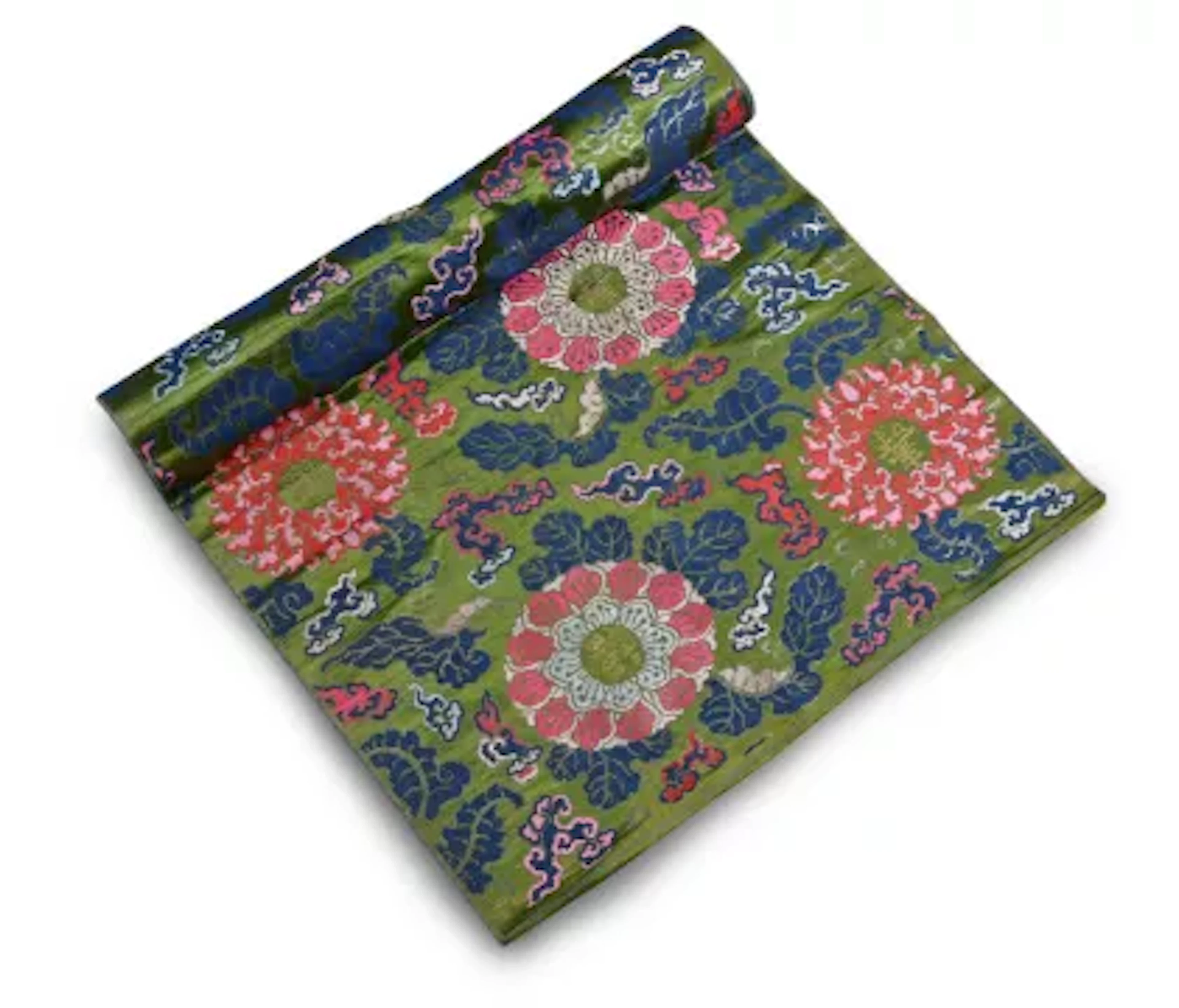 A Chinese green-ground satin panel