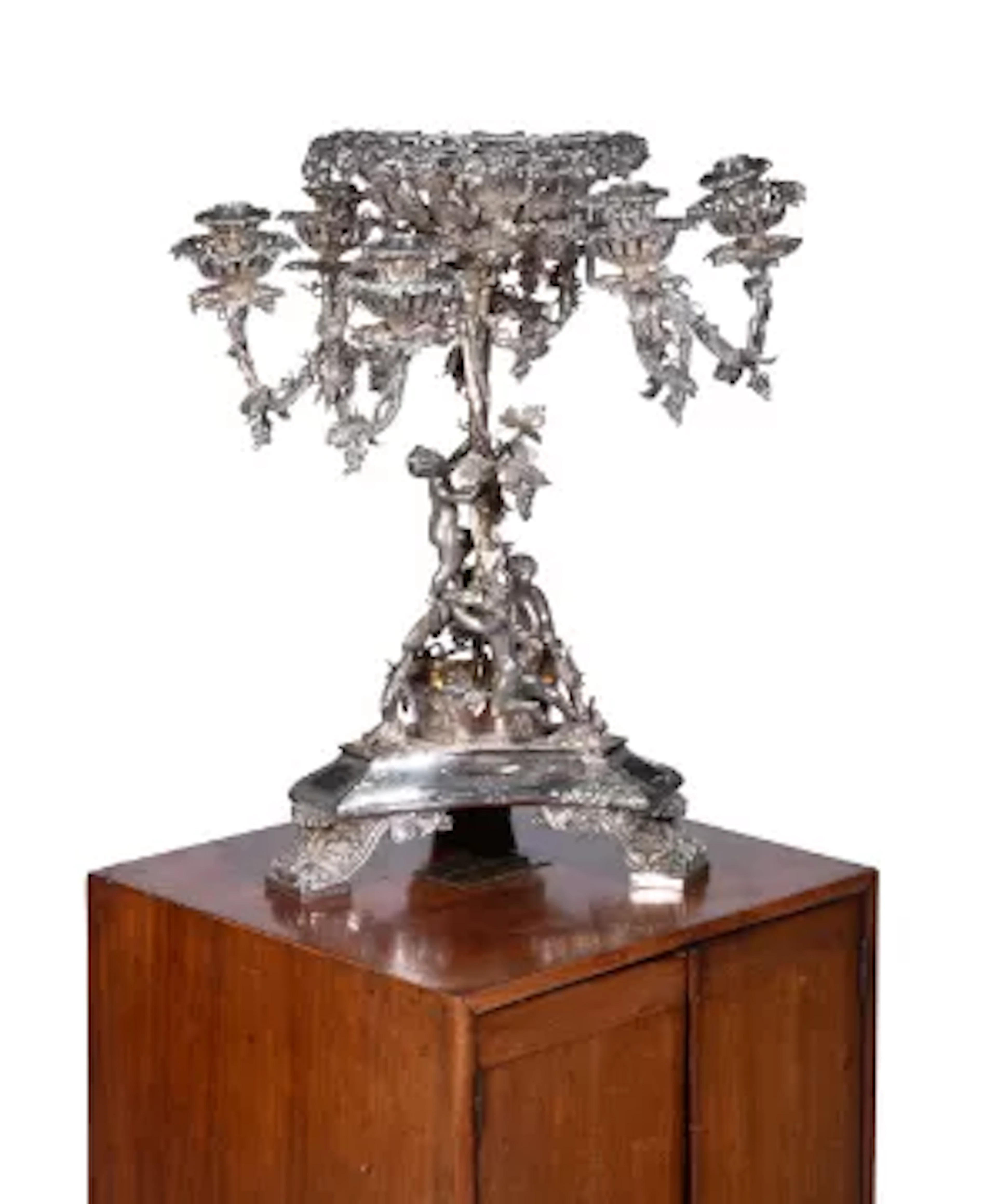 A CASED VICTORIAN ELECTROPLATED CANDELABRUM OR EPERGNE, CIRCA 1855
