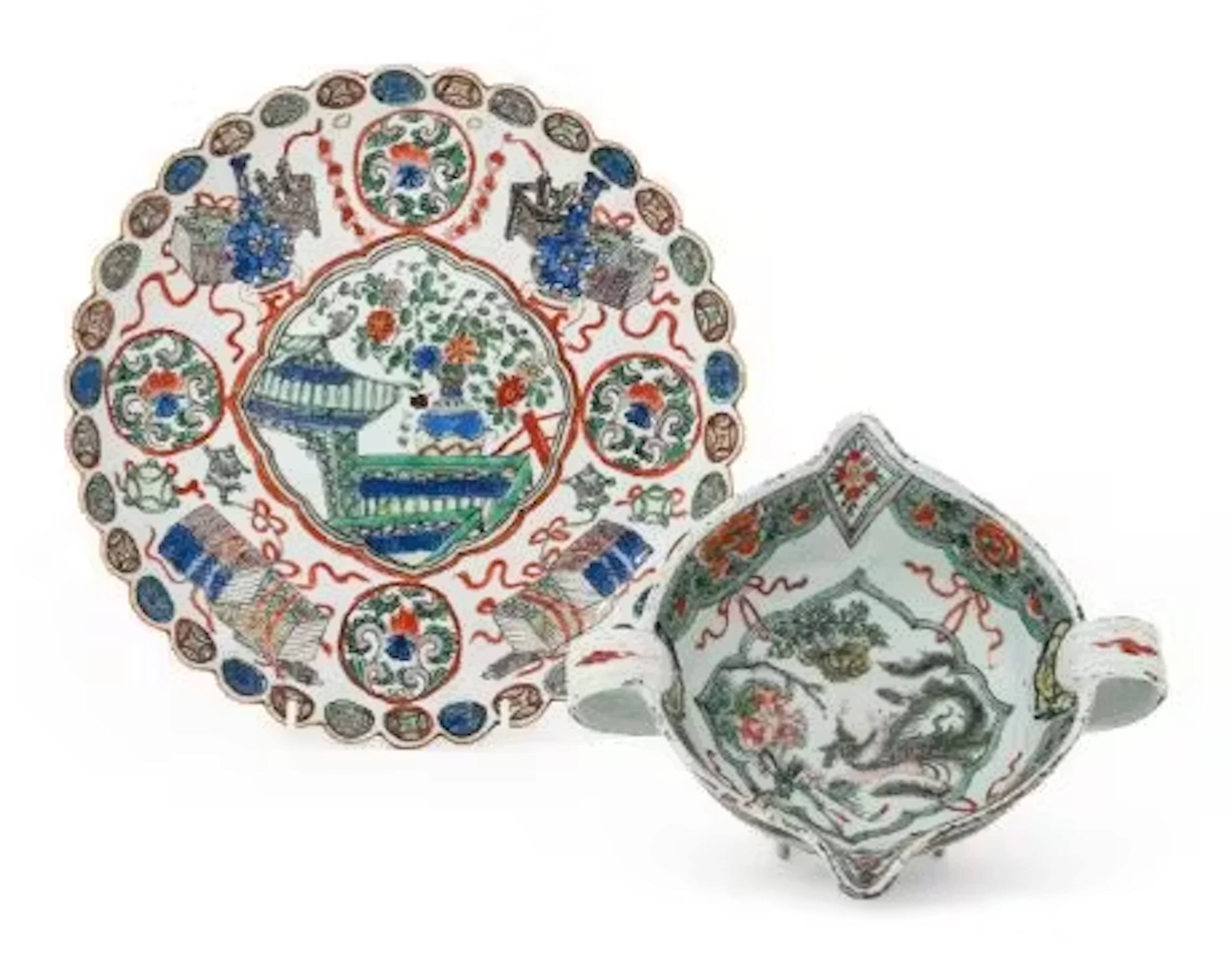 A Chinese Famille Verte two-handled circular sauce boat