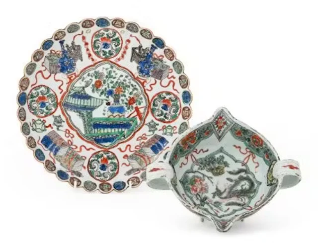 A Chinese Famille Verte two-handled circular sauce boat