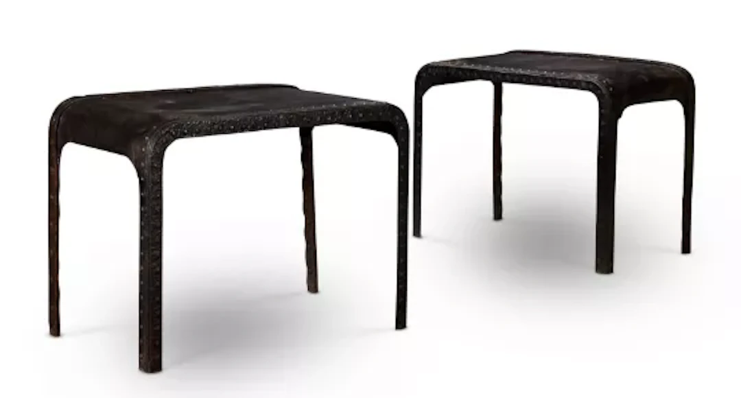 ‡ A PAIR OF WEATHERED WROUGHT IRON SIDE TABLES, 20TH CENTURY