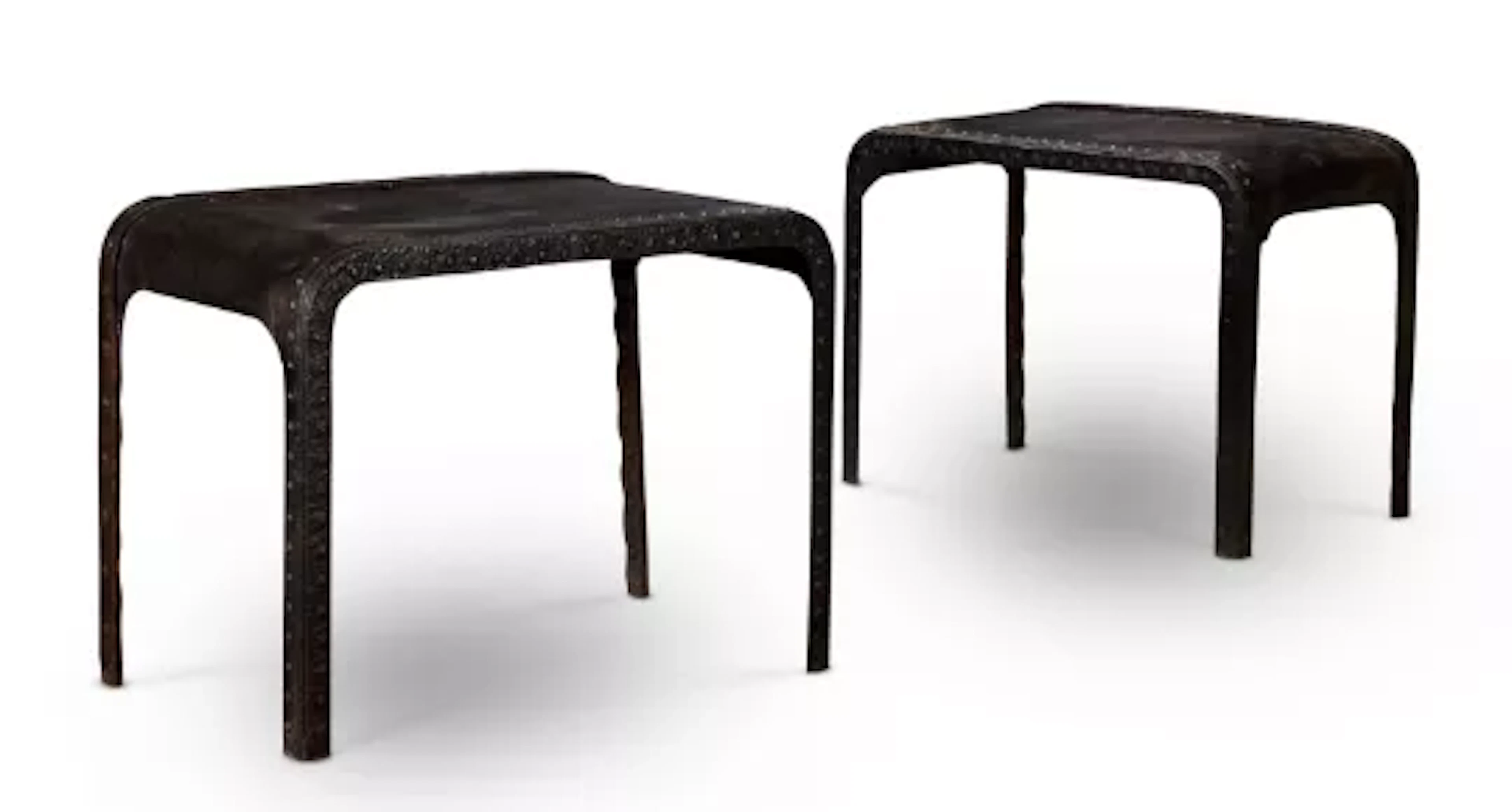 ‡ A PAIR OF WEATHERED WROUGHT IRON SIDE TABLES, 20TH CENTURY