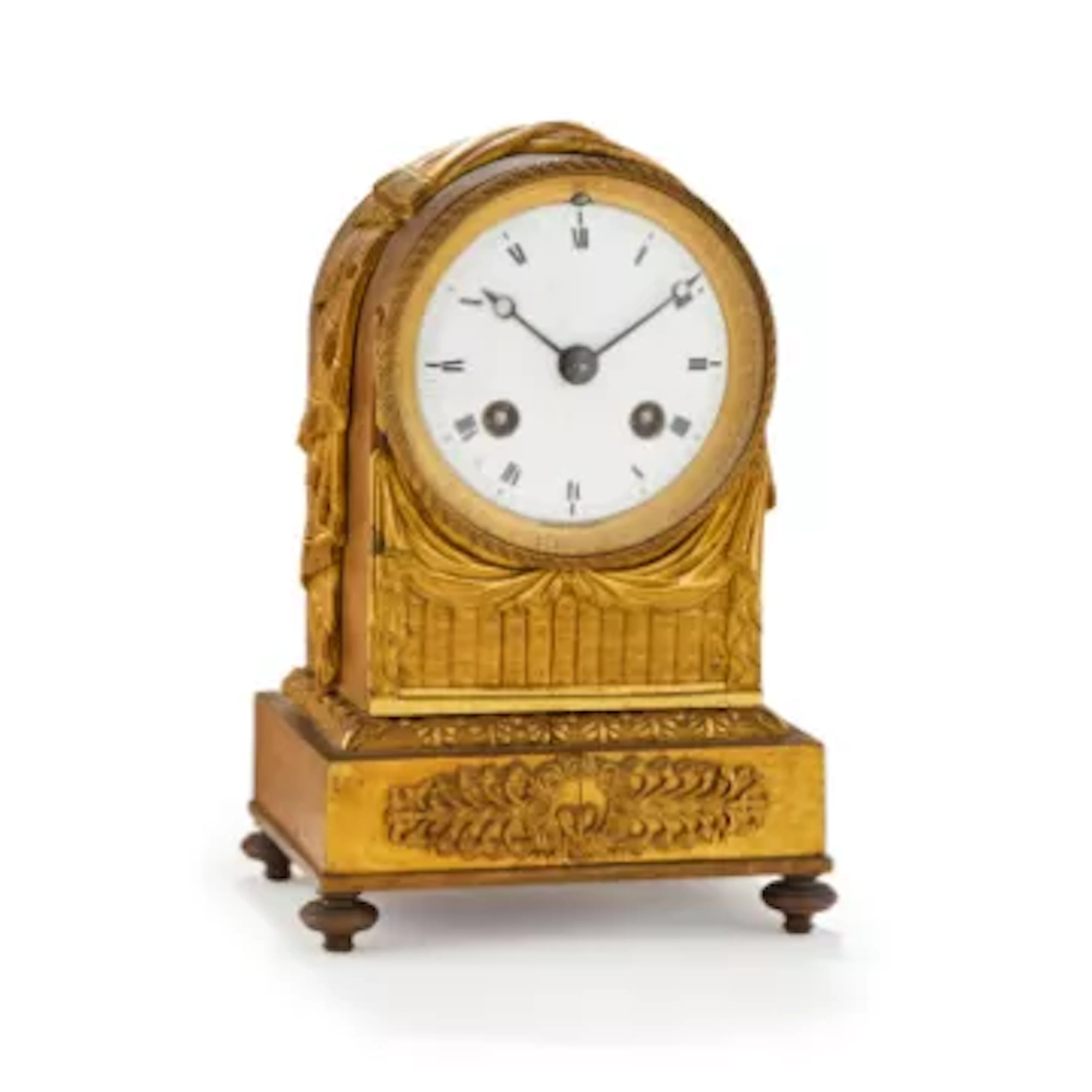 A FRENCH EMPIRE STYLE SMALL ORMOLU MANTEL CLOCK