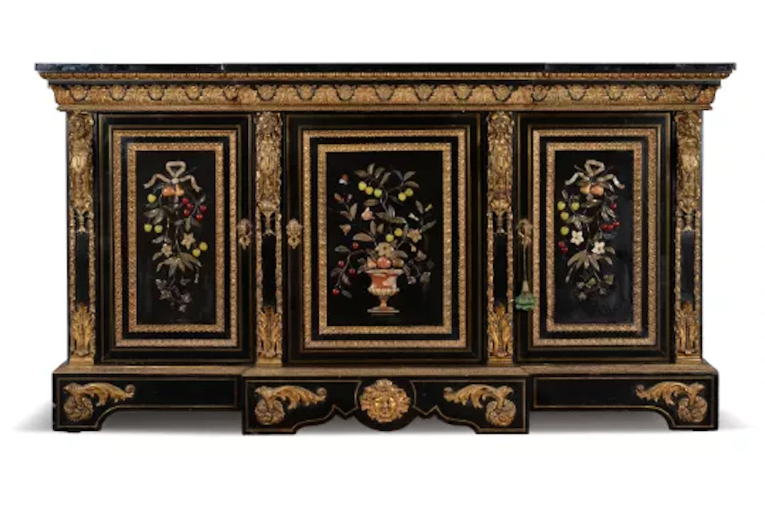 A NAPOLEON III EBONISED, PIETRA DURA AND GILT METAL MOUNTED SIDE CABINET