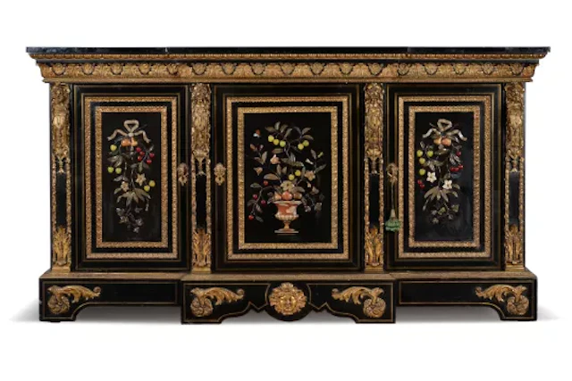 A NAPOLEON III EBONISED, PIETRA DURA AND GILT METAL MOUNTED SIDE CABINET