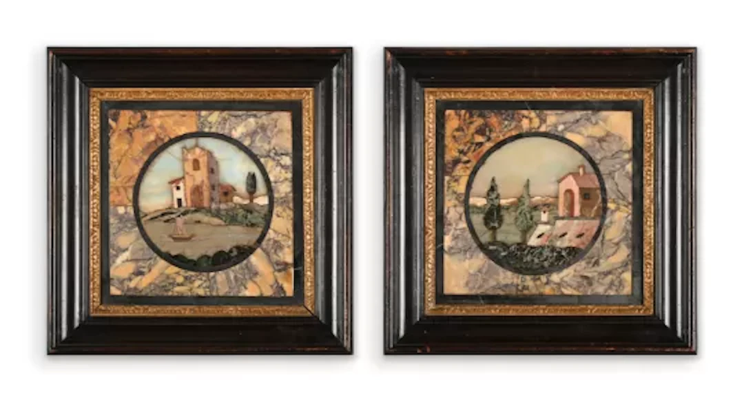 A PAIR OF ITALIAN PIETRE DURE MARBLE LANDSCAPE PANELS, MID 19TH CENTURY