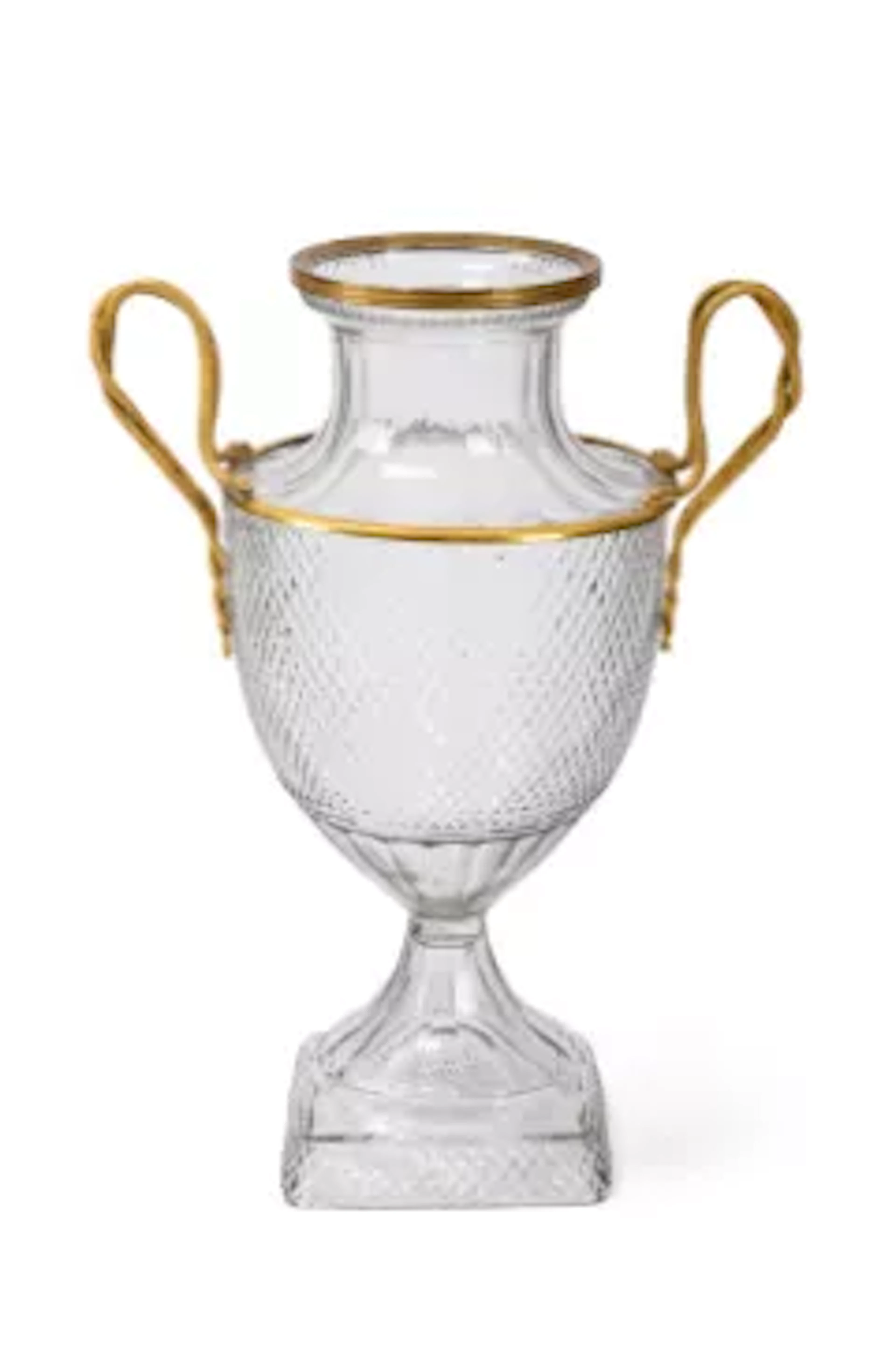 A NORTH EUROPEAN ORMOLU MOUNTED CUT GLASS TWIN HANDLED VASE, PROBABLY
