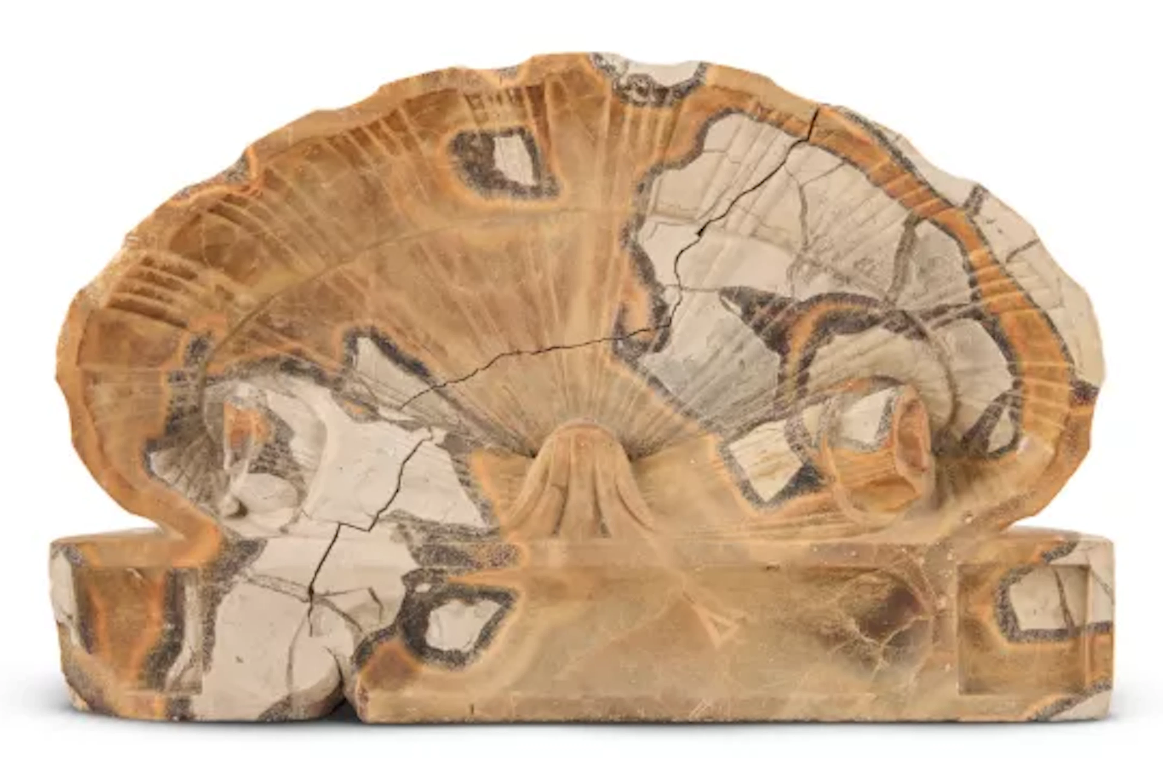 A POLISHED SEPTARIAN CONCRETIA NODULE SHELL SHAPED INKSTAND, PROBABLY