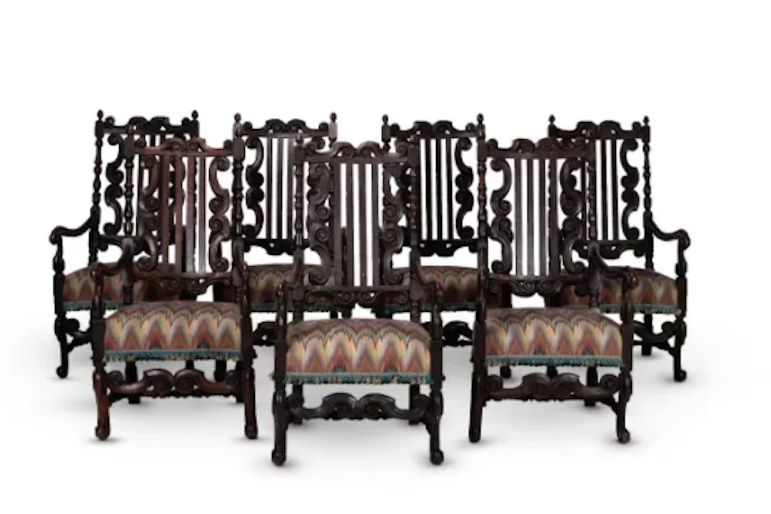 A SET OF SEVEN BEECH ARMCHAIRS OF WILLIAM AND MARY STYLE, 19TH CENTURY
