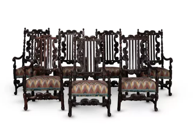 A SET OF SEVEN BEECH ARMCHAIRS OF WILLIAM AND MARY STYLE, 19TH CENTURY